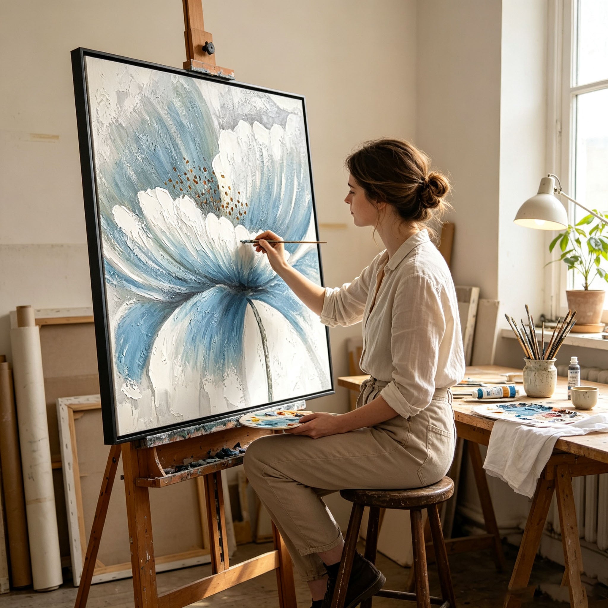 Textured Blue White Flower Oil Painting, Hand Painted Large Bloom Floral Canvas Wall Art, Neutral Botanical Entryway Decor
