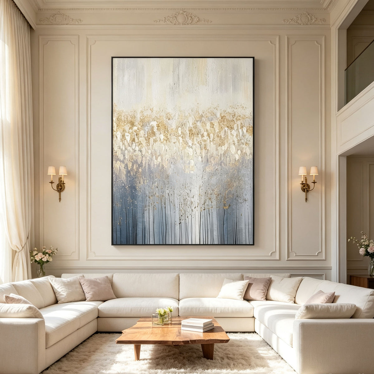 Gold Leaf Abstract Wall Art, Gray Blue Draped Texture Oil Painting, Large Luxury Canvas, Elegant Study Wall Decor