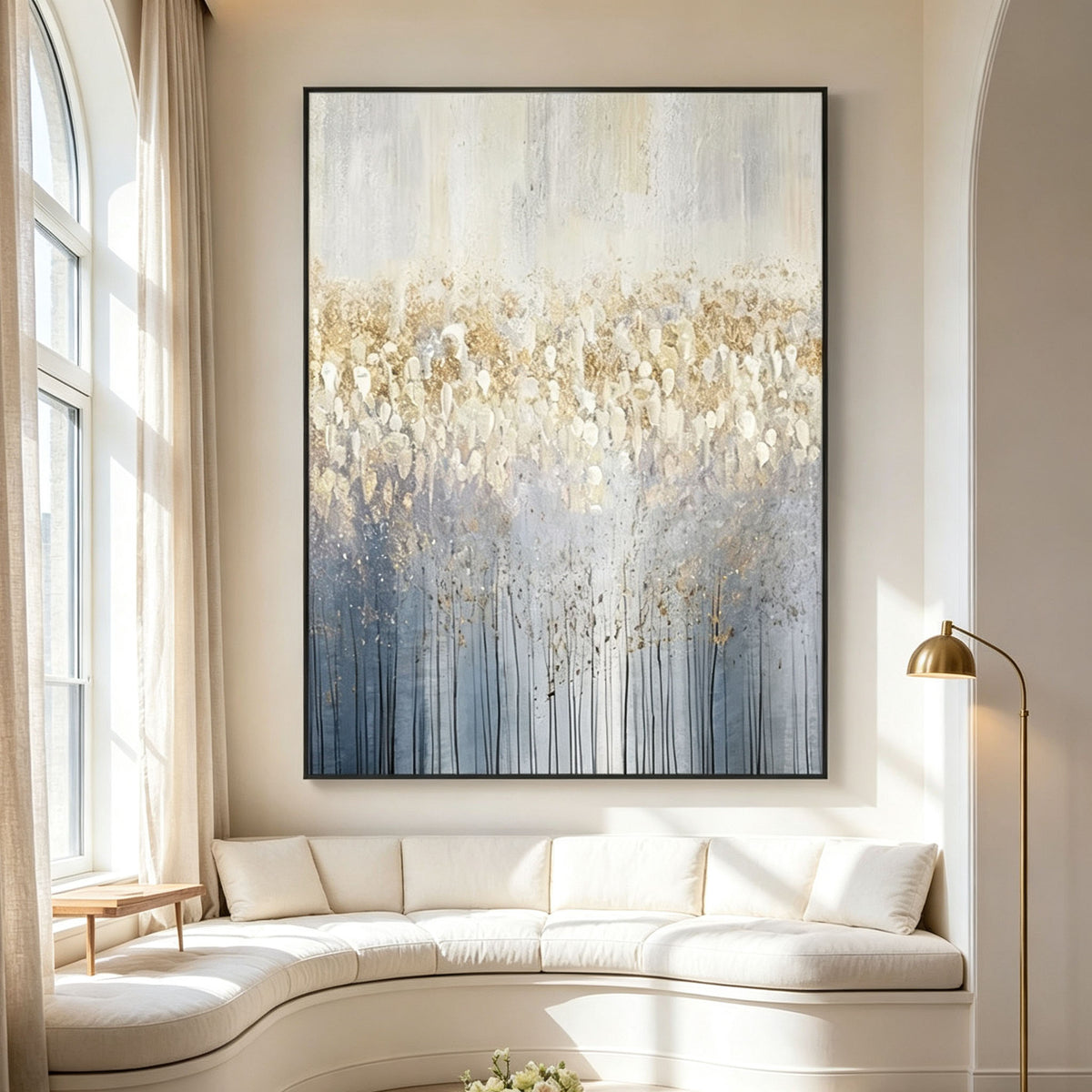 Gold Leaf Abstract Wall Art, Gray Blue Draped Texture Oil Painting, Large Luxury Canvas, Elegant Study Wall Decor