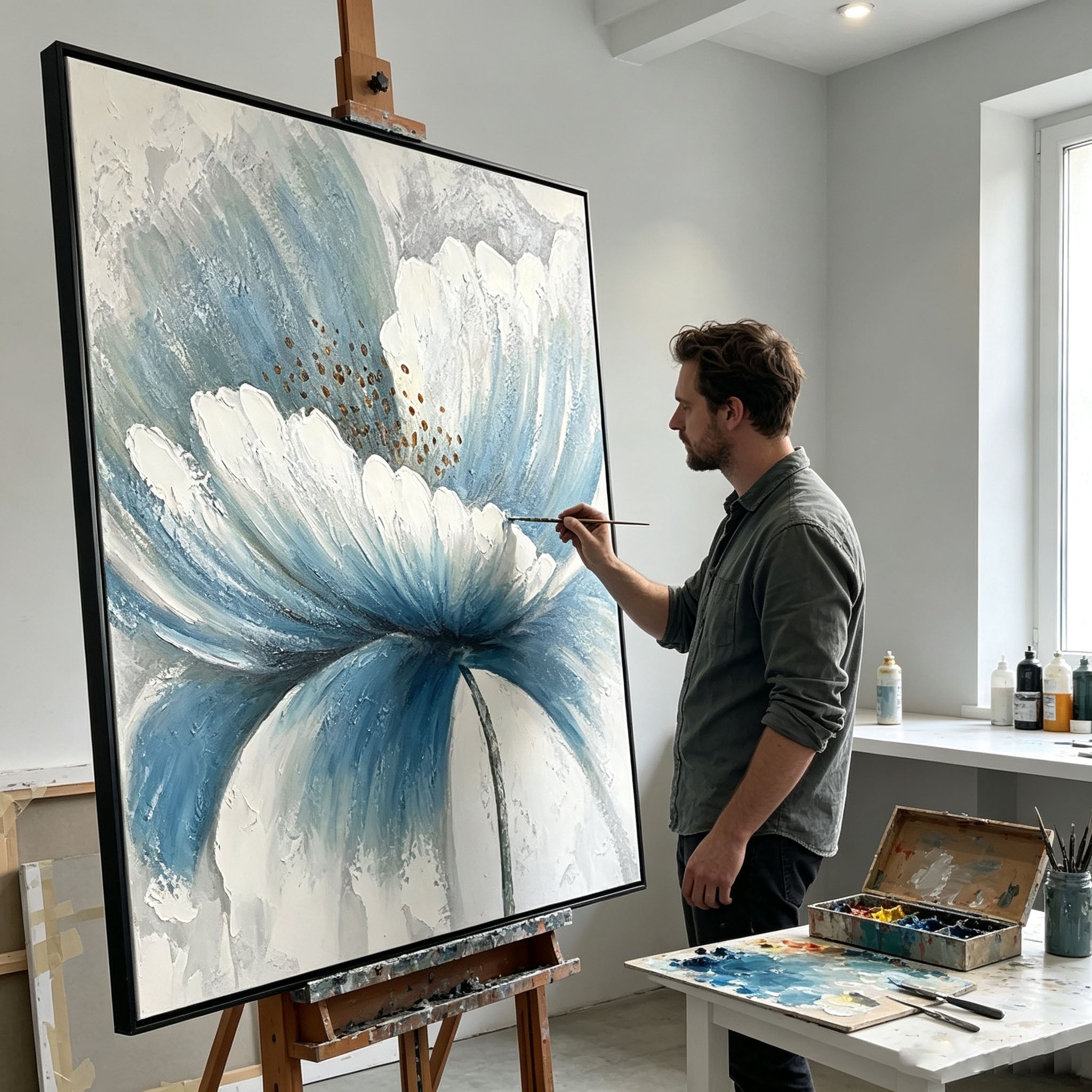 Textured Blue White Flower Oil Painting, Hand Painted Large Bloom Floral Canvas Wall Art, Neutral Botanical Entryway Decor