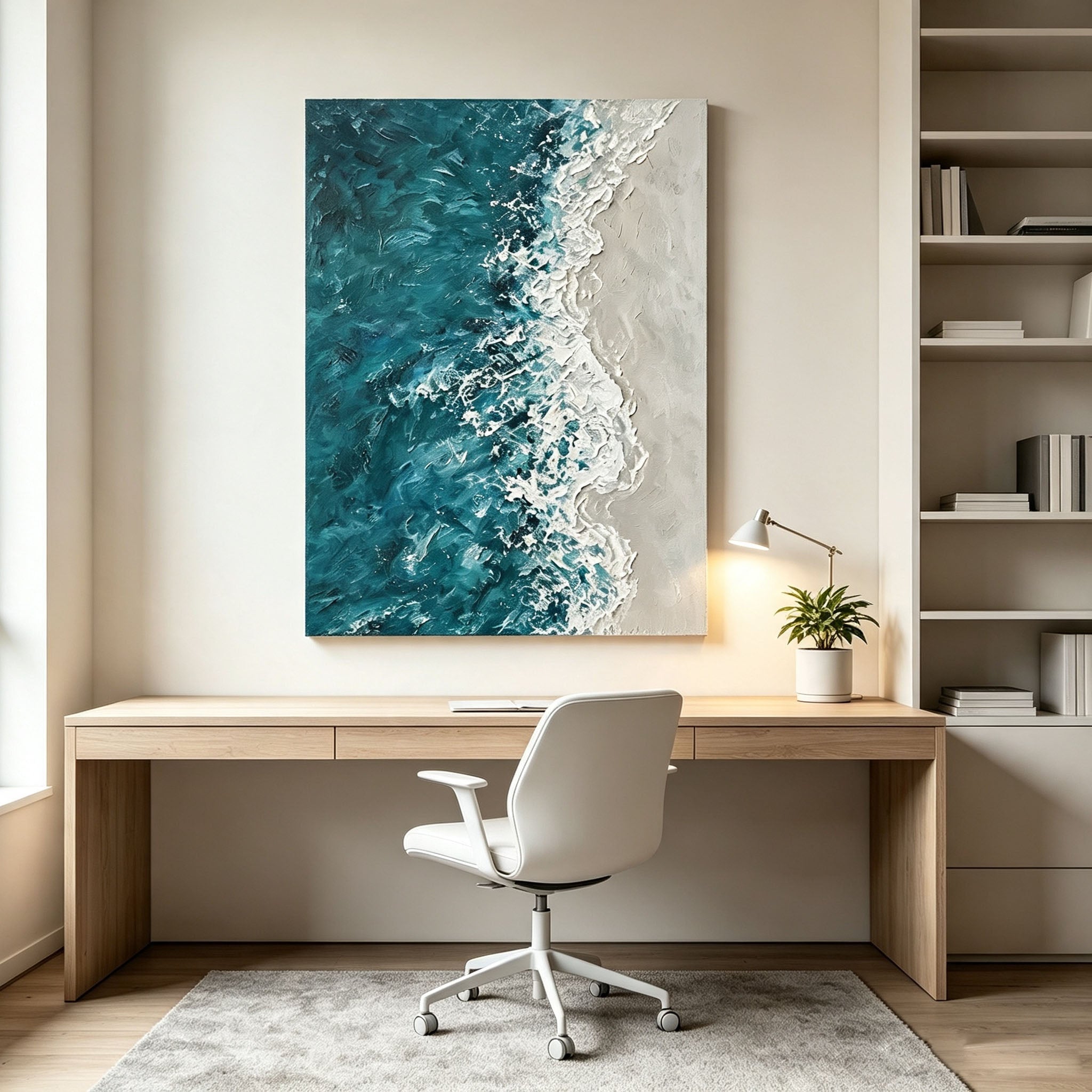Ocean Wave Wall Art, 3D Textured Sea Oil Painting, Blue Green Impasto Canvas, White Foam Relief, Coastal Living Room Decor