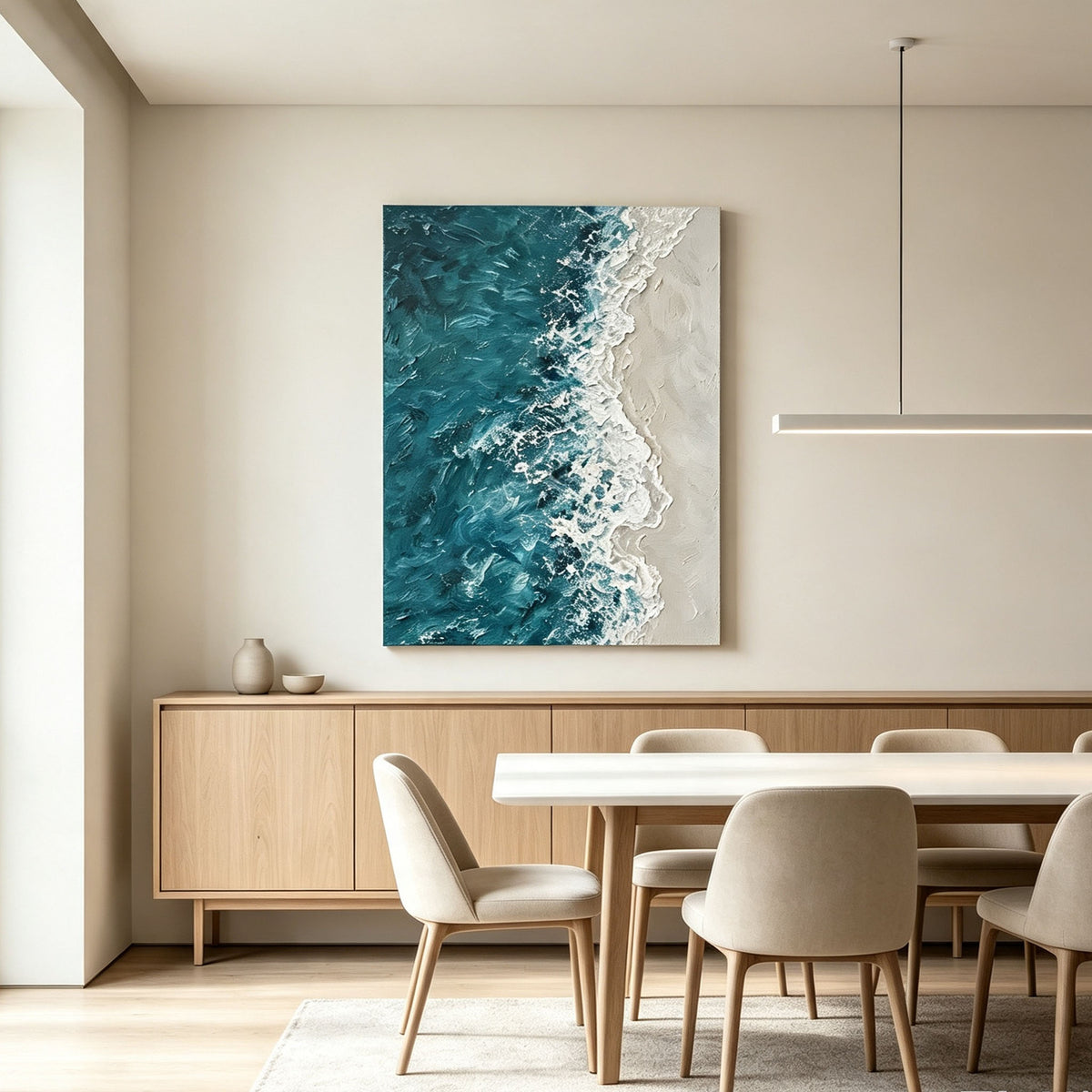 Ocean Wave Wall Art, 3D Textured Sea Oil Painting, Blue Green Impasto Canvas, White Foam Relief, Coastal Living Room Decor