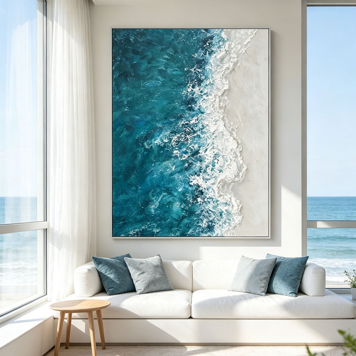 Ocean Wave Wall Art, 3D Textured Sea Oil Painting, Blue Green Impasto Canvas, White Foam Relief, Coastal Living Room Decor