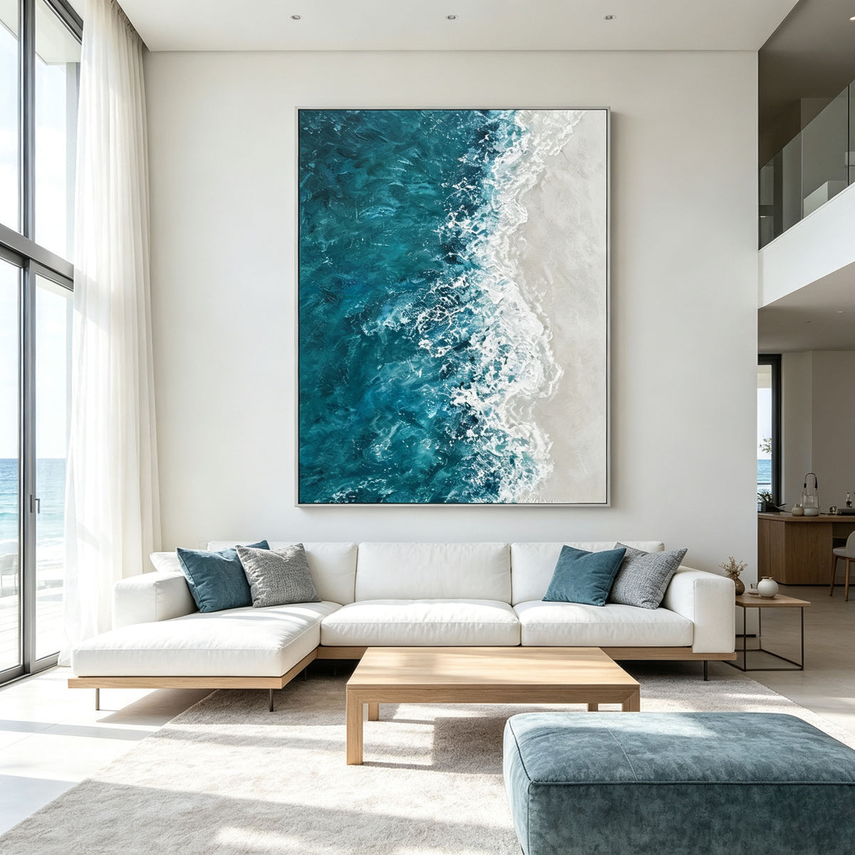Ocean Wave Wall Art, 3D Textured Sea Oil Painting, Blue Green Impasto Canvas, White Foam Relief, Coastal Living Room Decor