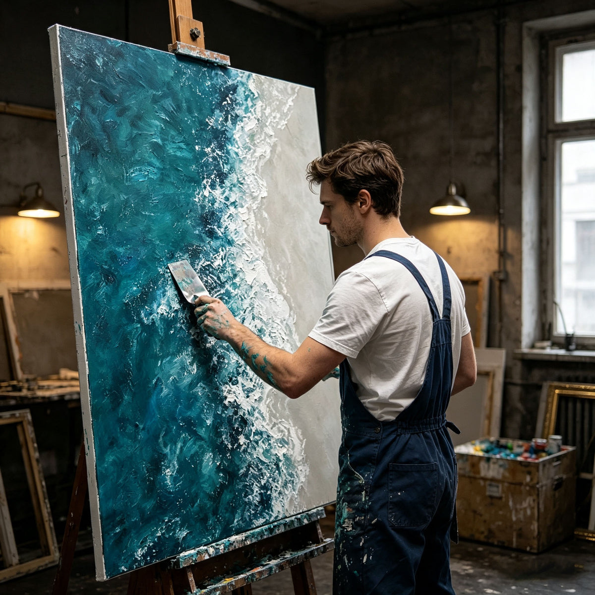 Ocean Wave Wall Art, 3D Textured Sea Oil Painting, Blue Green Impasto Canvas, White Foam Relief, Coastal Living Room Decor