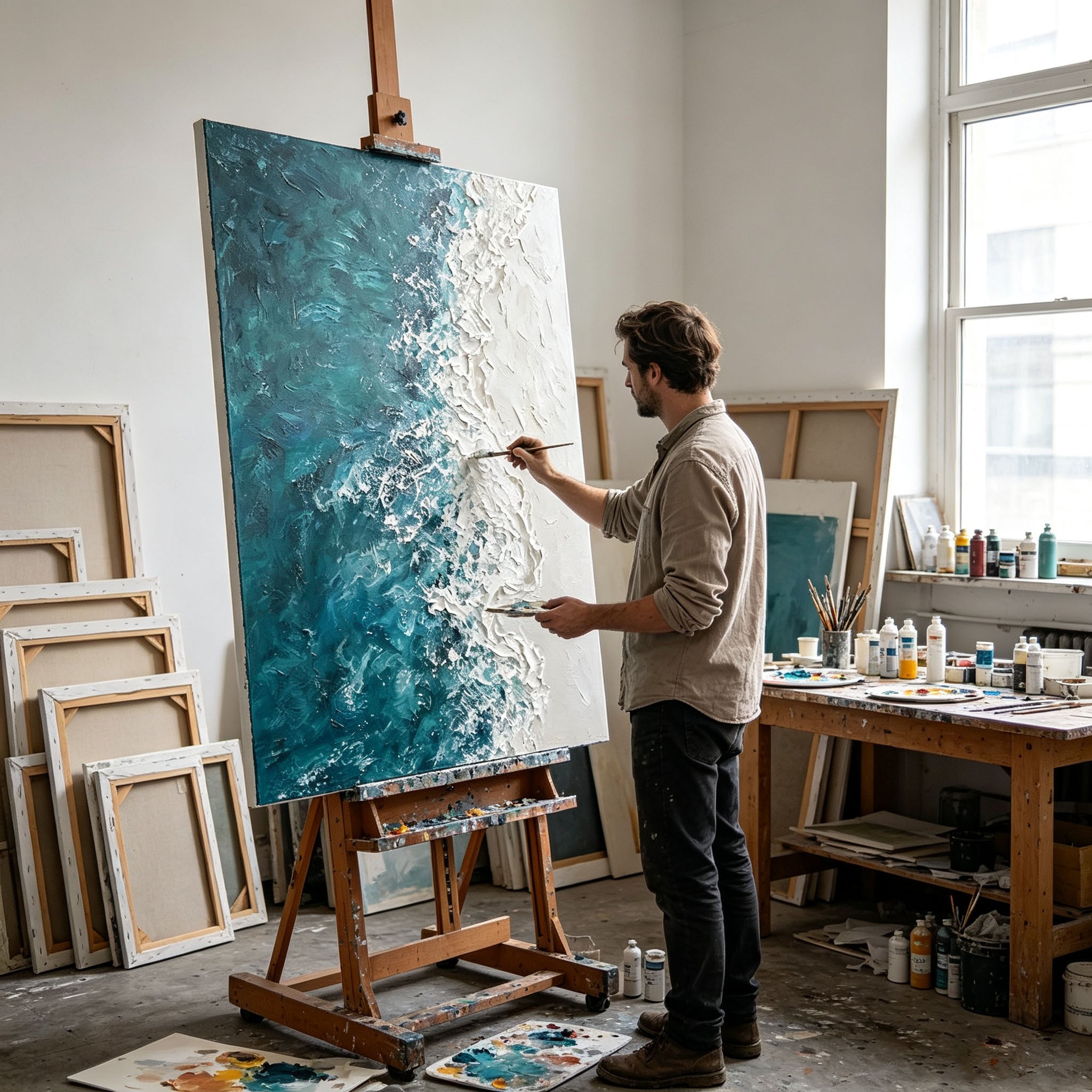 Ocean Wave Wall Art, 3D Textured Sea Oil Painting, Blue Green Impasto Canvas, White Foam Relief, Coastal Living Room Decor
