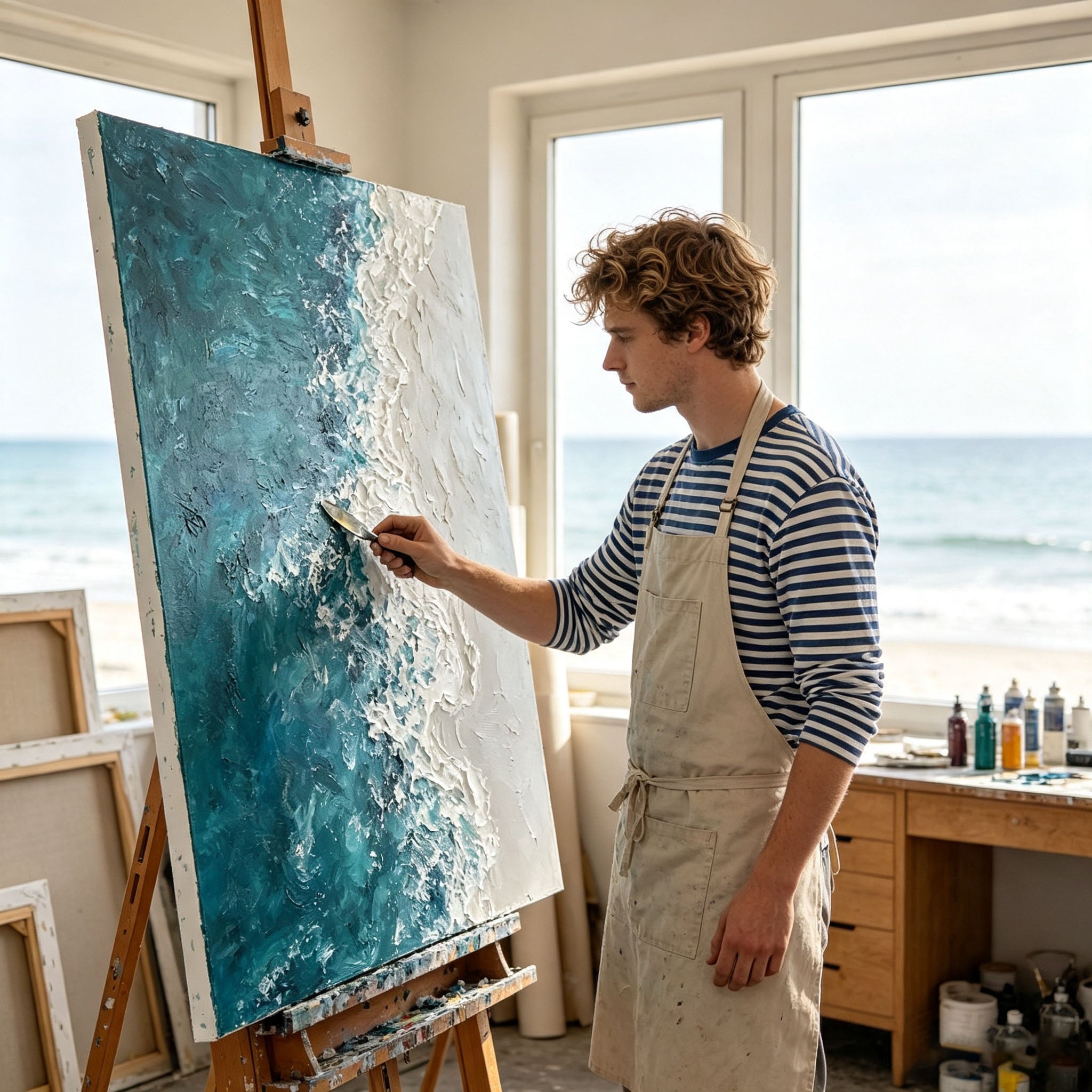 Ocean Wave Wall Art, 3D Textured Sea Oil Painting, Blue Green Impasto Canvas, White Foam Relief, Coastal Living Room Decor