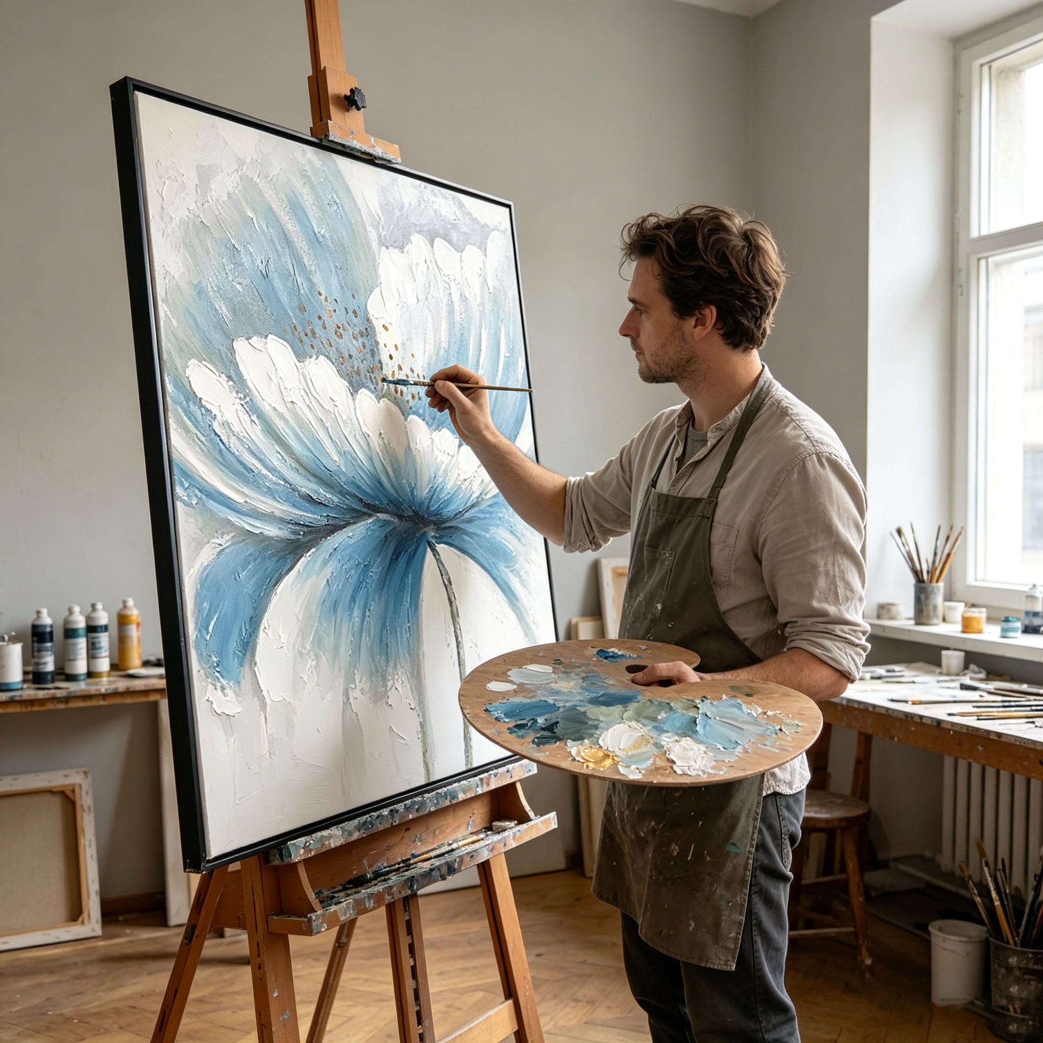Textured Blue White Flower Oil Painting, Hand Painted Large Bloom Floral Canvas Wall Art, Neutral Botanical Entryway Decor