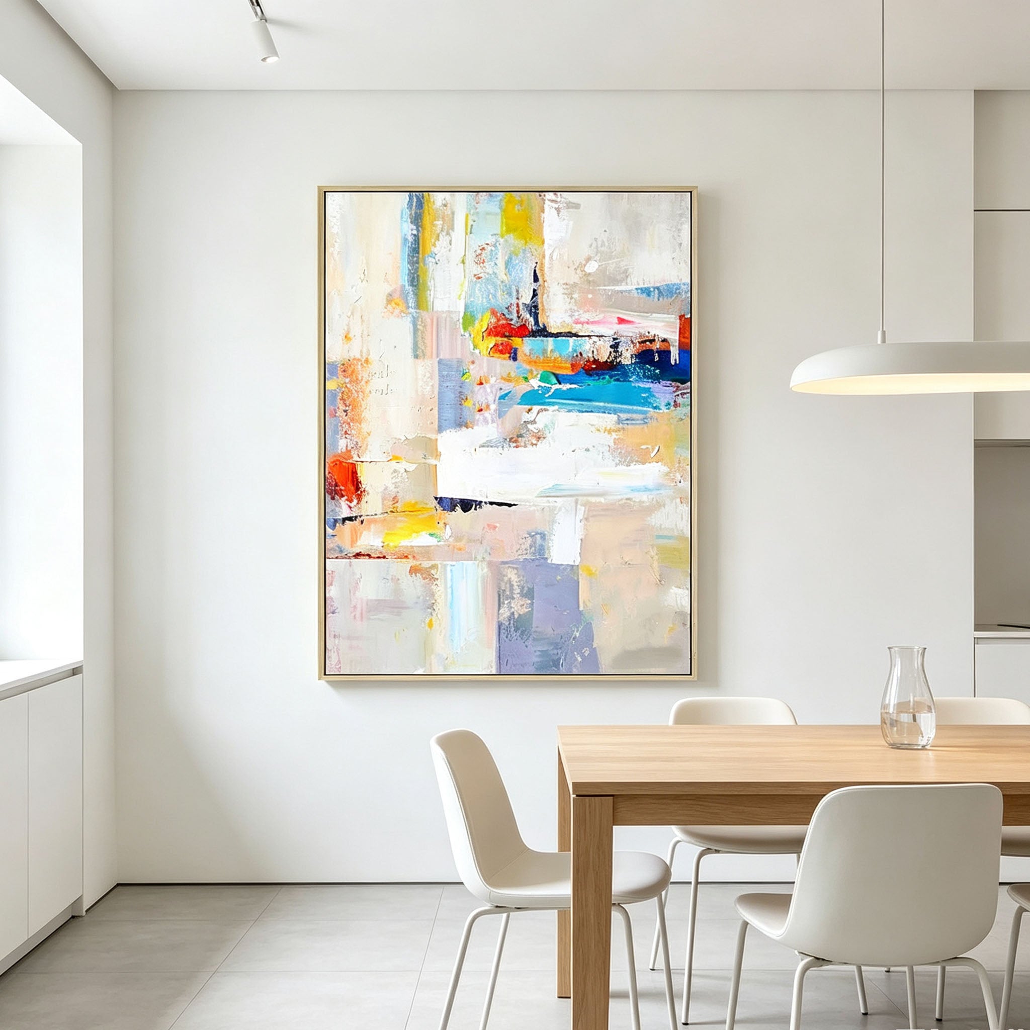 Colorful Abstract Wall Art, Gold Frame Oil Painting, White Yellow Blue Red Color Block Canvas, Cozy Window Corner Decor