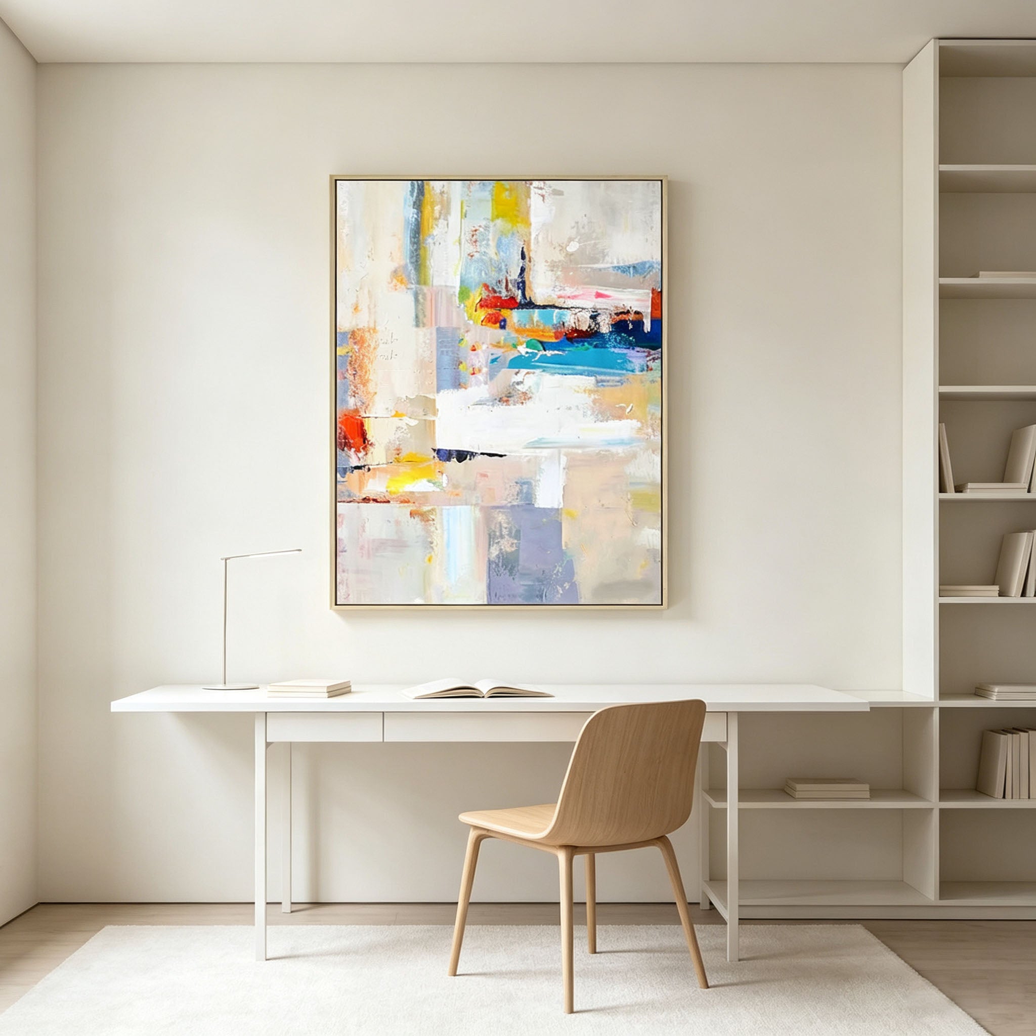 Colorful Abstract Wall Art, Gold Frame Oil Painting, White Yellow Blue Red Color Block Canvas, Cozy Window Corner Decor