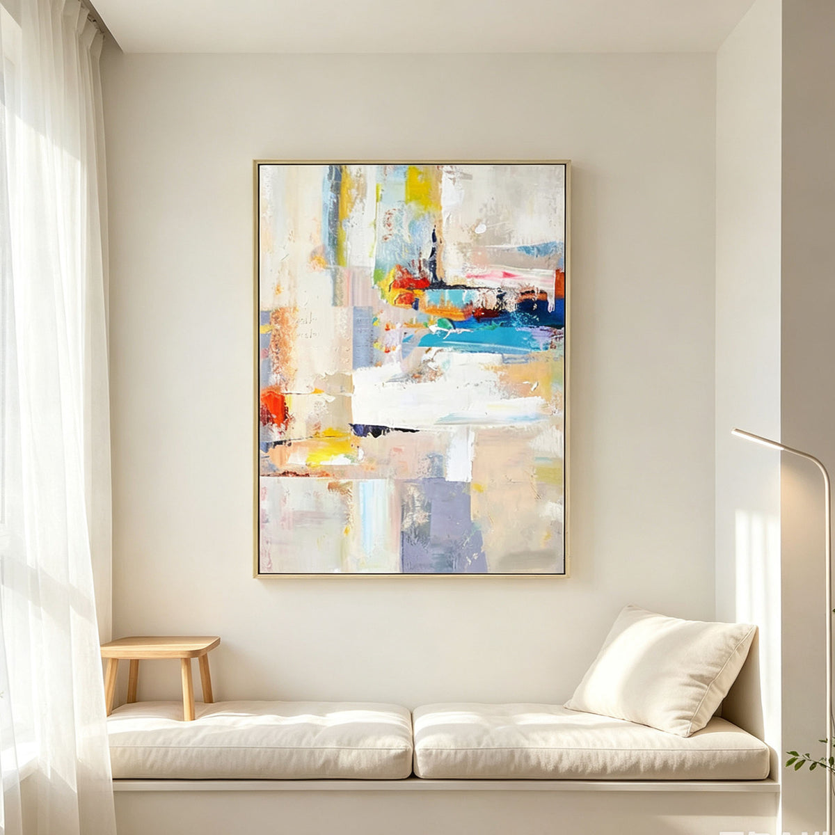 Colorful Abstract Wall Art, Gold Frame Oil Painting, White Yellow Blue Red Color Block Canvas, Cozy Window Corner Decor