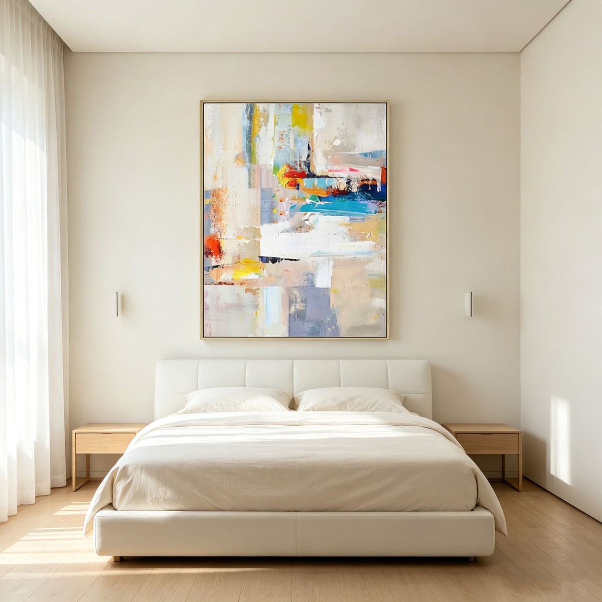 Colorful Abstract Wall Art, Gold Frame Oil Painting, White Yellow Blue Red Color Block Canvas, Cozy Window Corner Decor