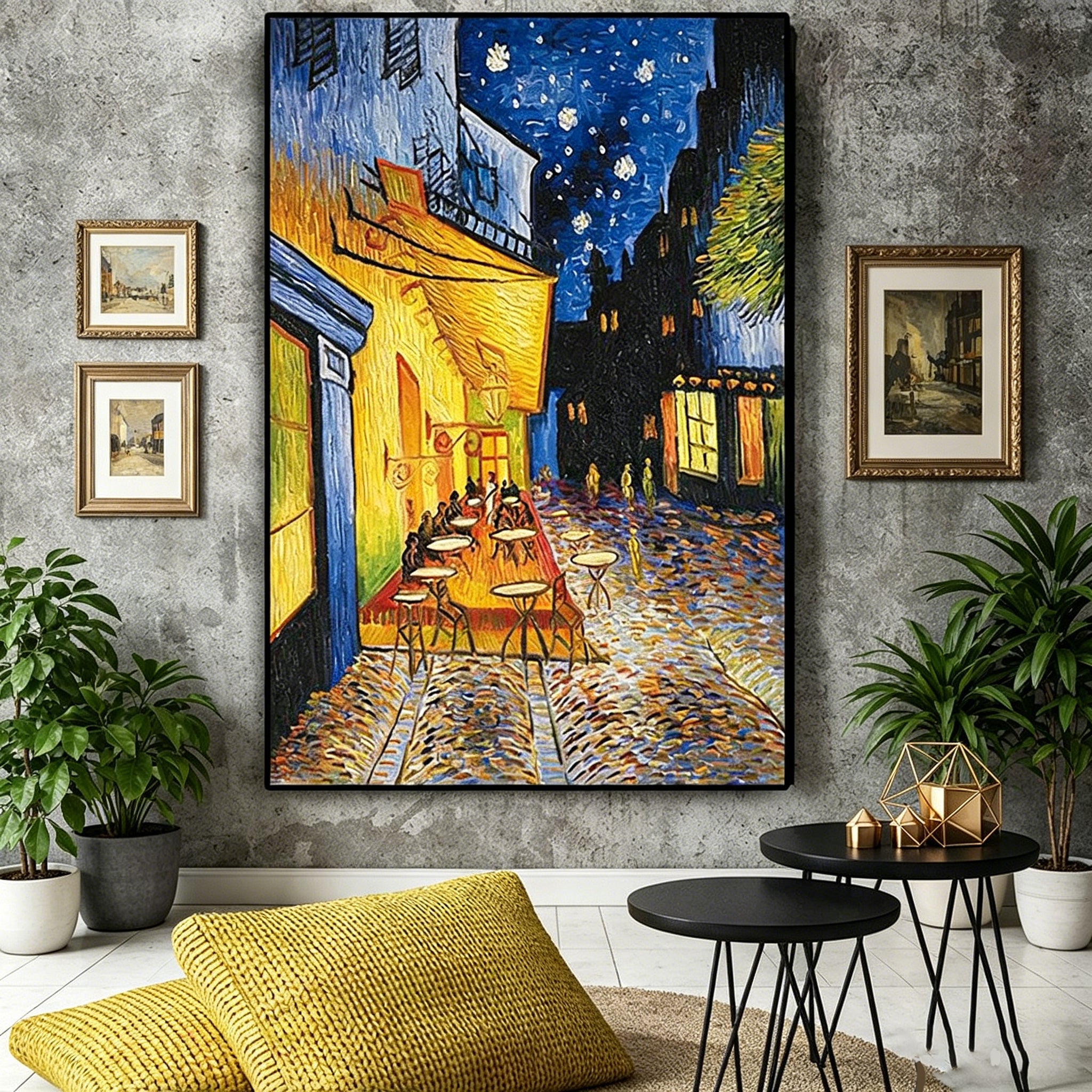 Hand‑Painted European Night Street Scene Oil Painting | Vintage Cobblestone Terrace Wall Art