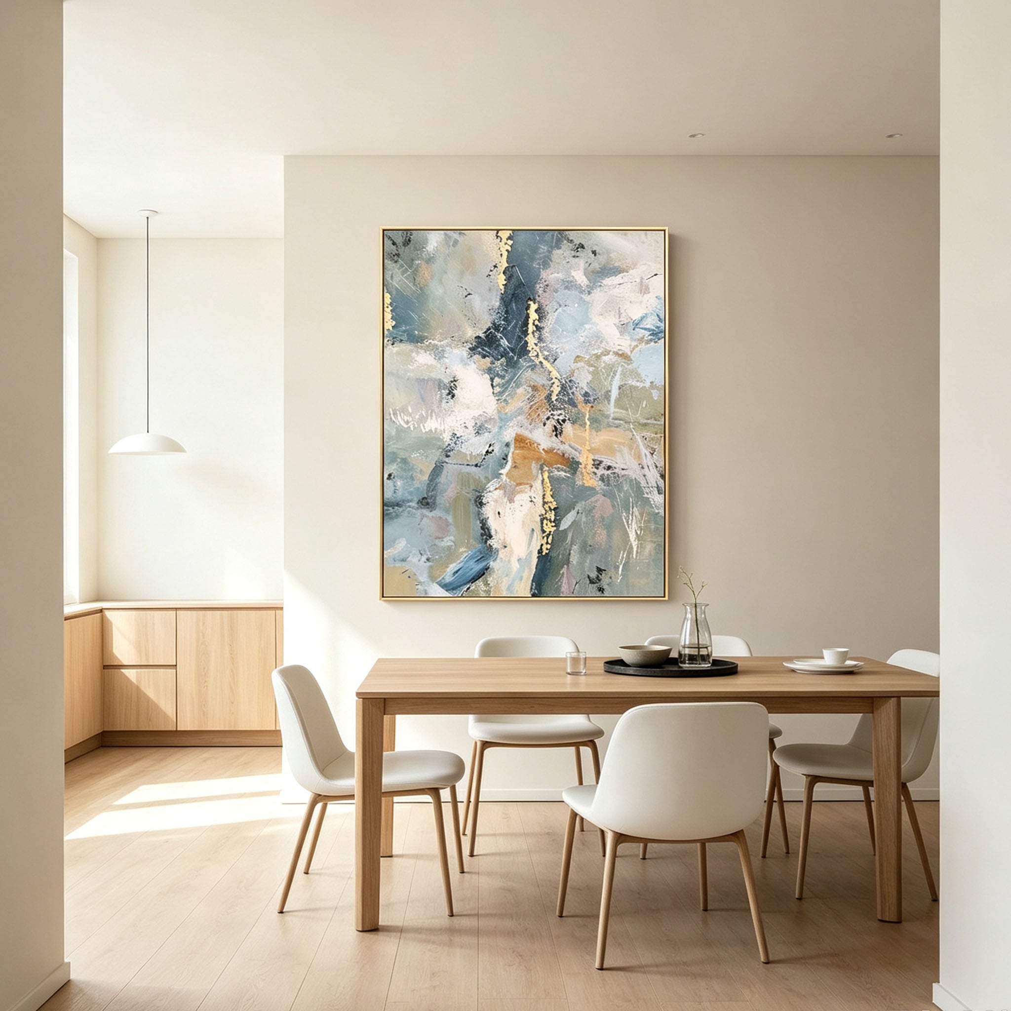 Blue Gold Abstract Wall Art, Gold Frame Oil Painting, White Brown Gold Leaf Canvas, Luxury Modern Living Room Decor