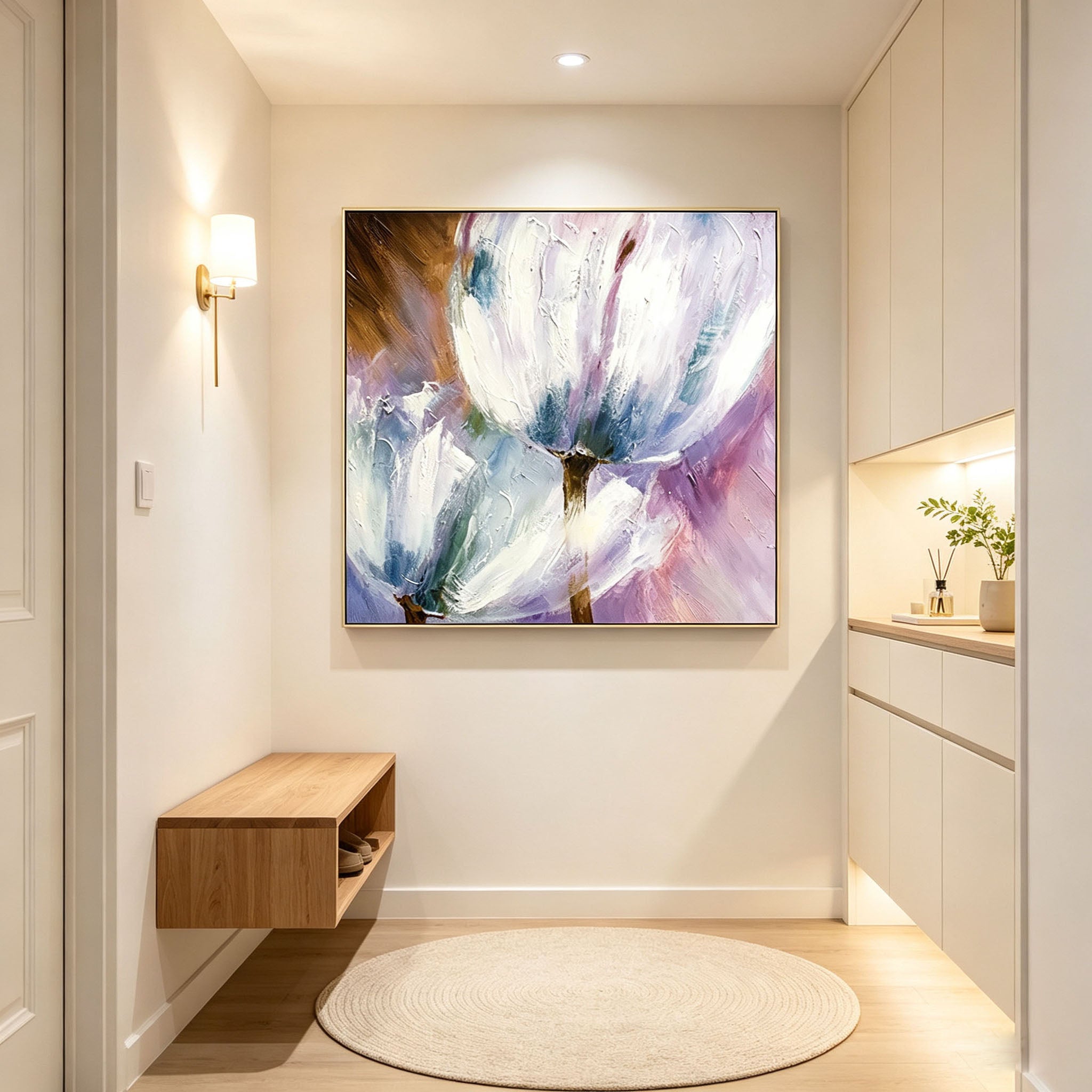 Thick Impasto White Tulip Oil Painting, Purple Blue Textured Floral Canvas Wall Art, Modern Botanical Entryway Decor