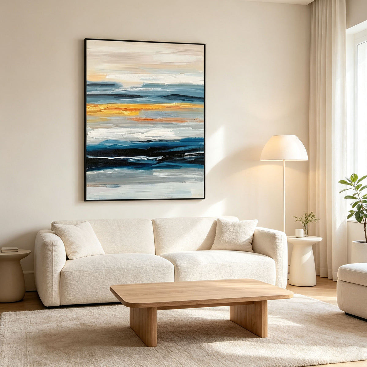 Abstract Ocean Horizon Canvas Wall Art | Blue Gold Textured Seascape Oil Painting for Modern Home Decor