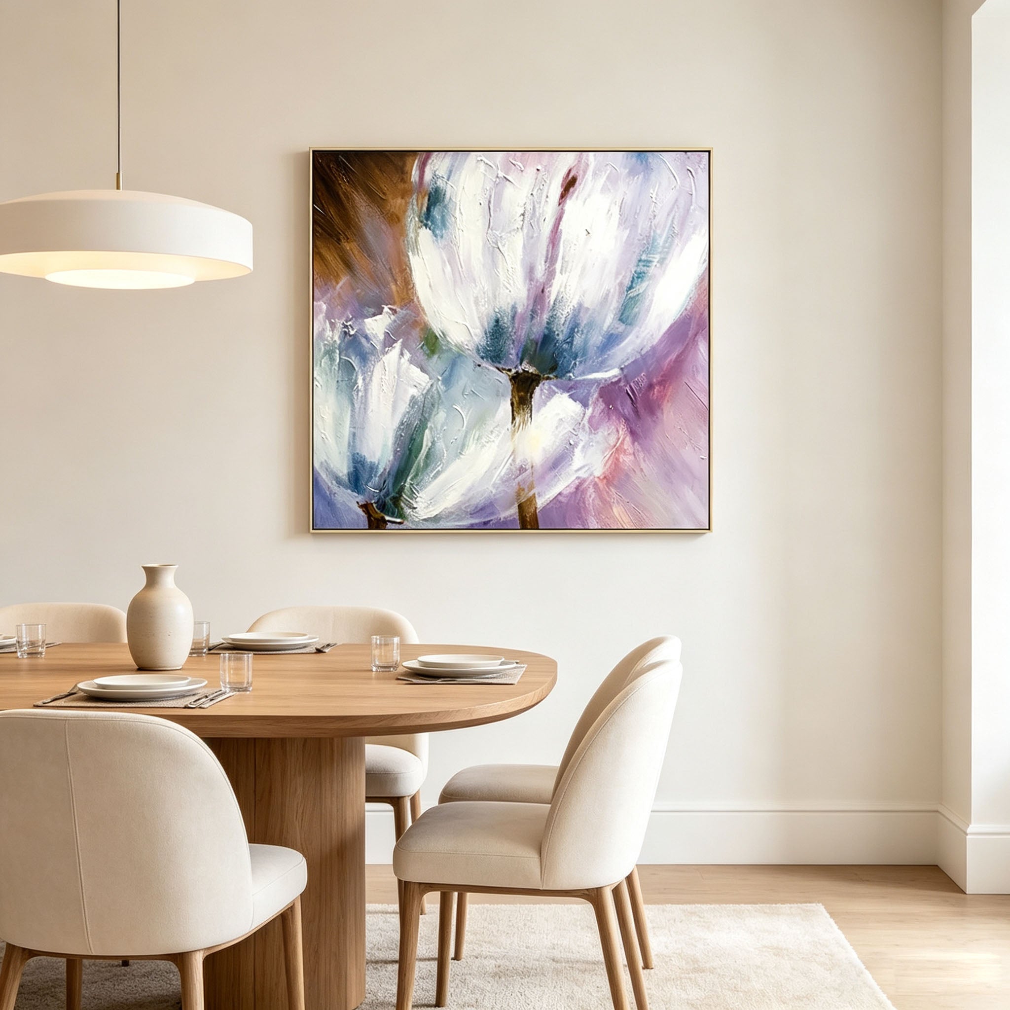 Thick Impasto White Tulip Oil Painting, Purple Blue Textured Floral Canvas Wall Art, Modern Botanical Entryway Decor
