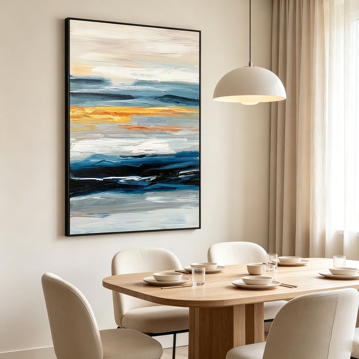 Abstract Ocean Horizon Canvas Wall Art | Blue Gold Textured Seascape Oil Painting for Modern Home Decor