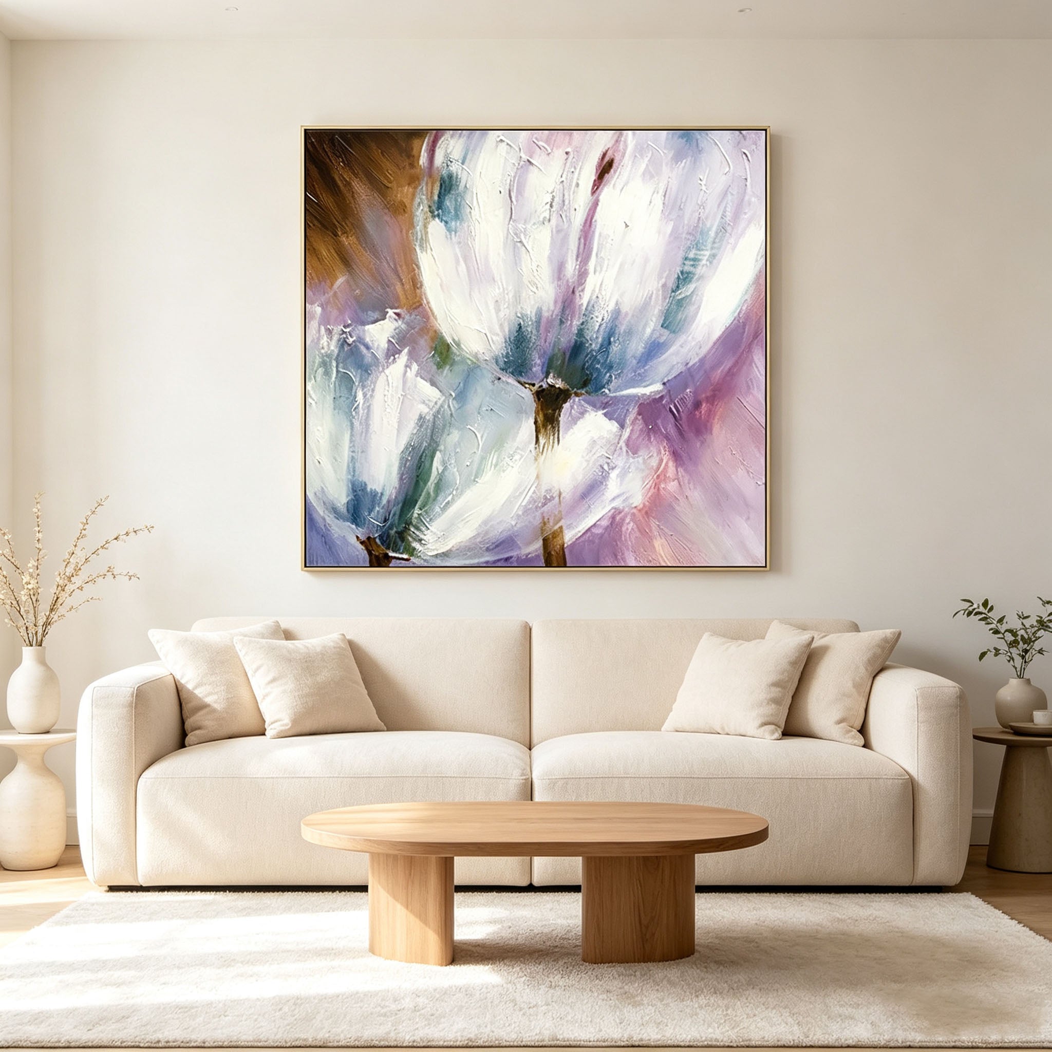Thick Impasto White Tulip Oil Painting, Purple Blue Textured Floral Canvas Wall Art, Modern Botanical Entryway Decor