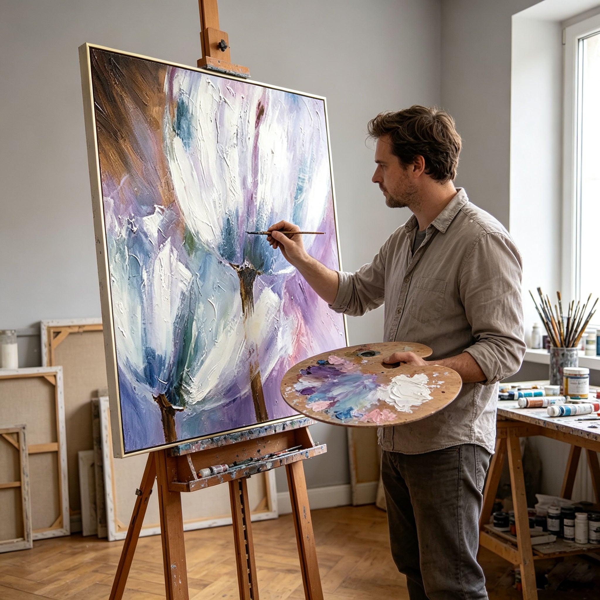 Thick Impasto White Tulip Oil Painting, Purple Blue Textured Floral Canvas Wall Art, Modern Botanical Entryway Decor