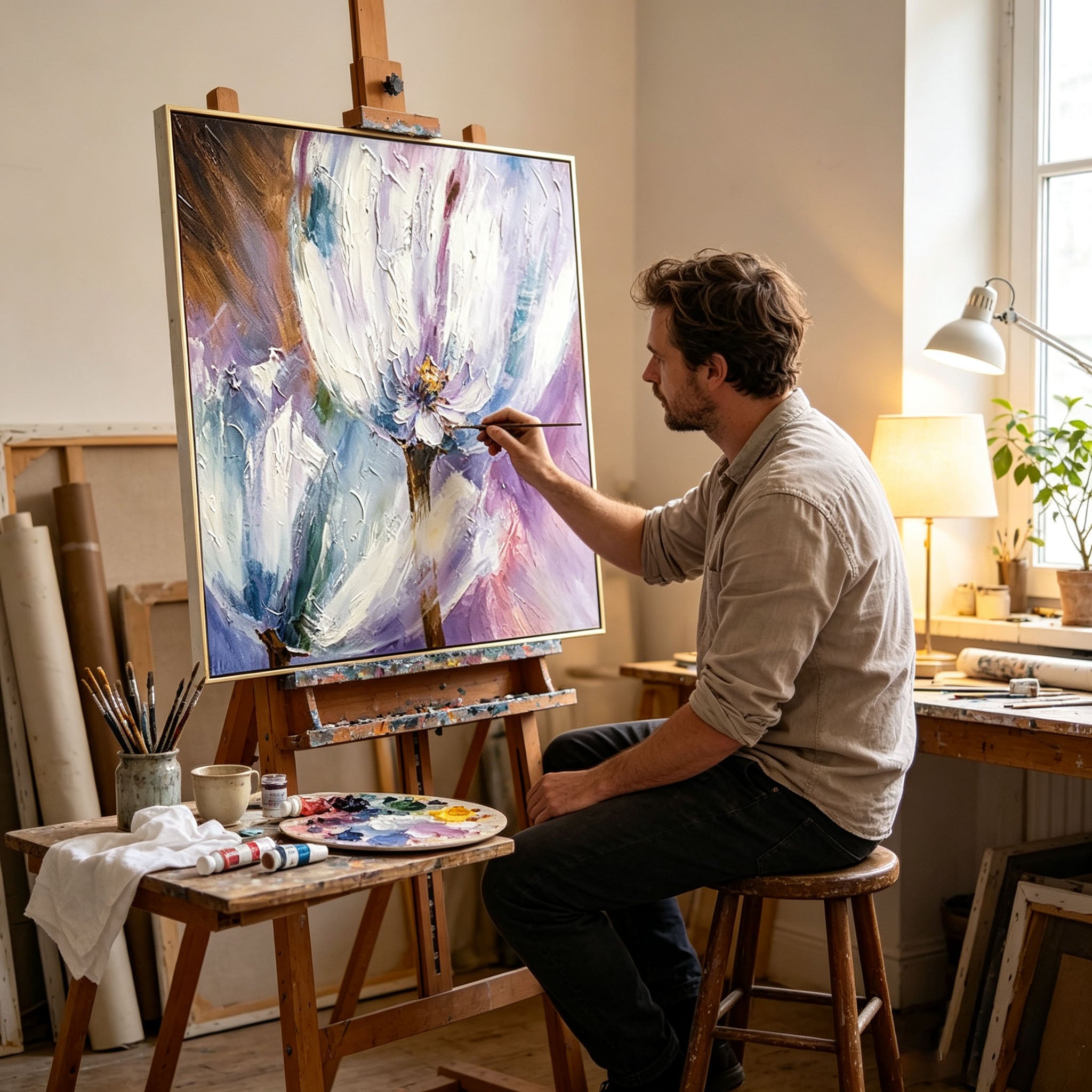 Thick Impasto White Tulip Oil Painting, Purple Blue Textured Floral Canvas Wall Art, Modern Botanical Entryway Decor