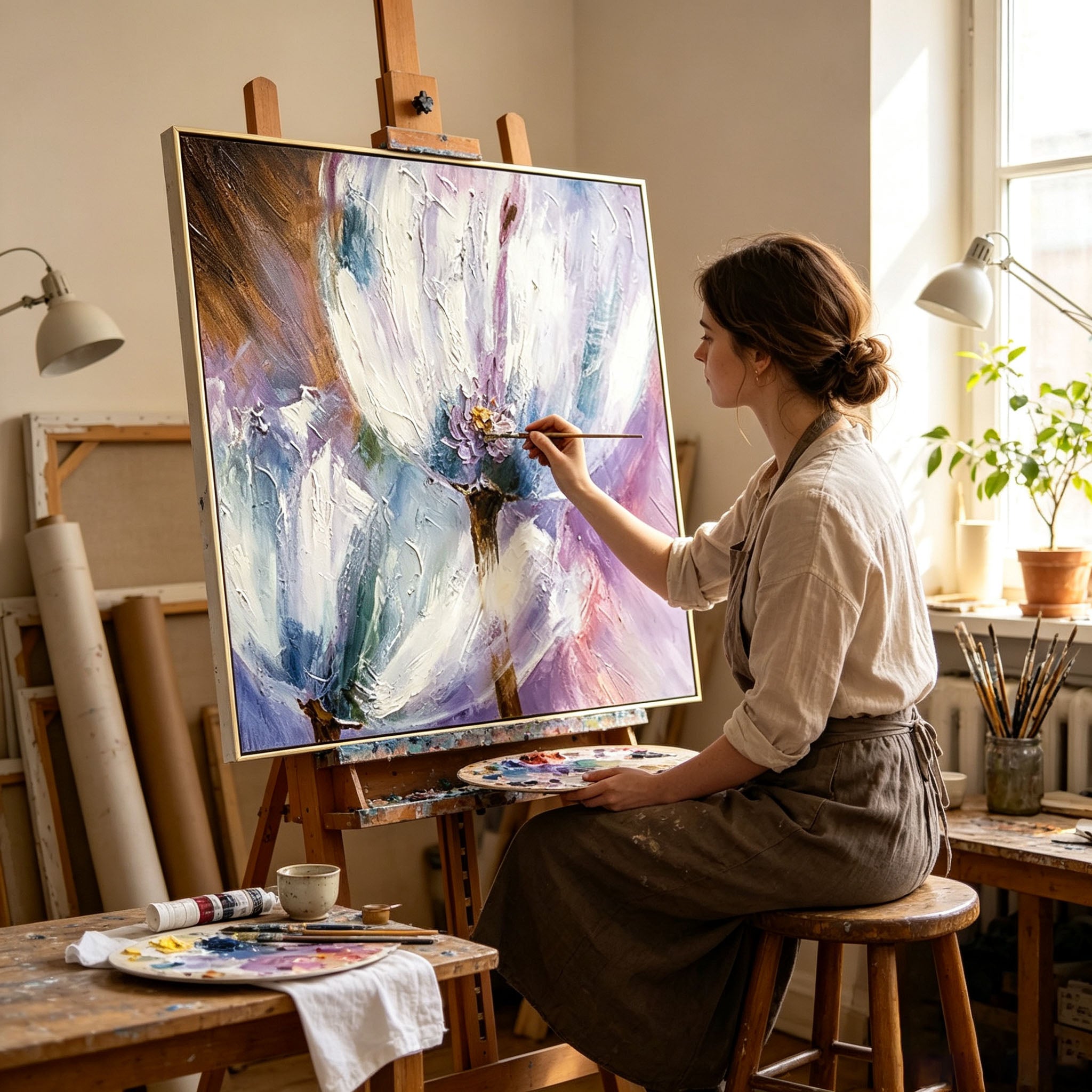 Thick Impasto White Tulip Oil Painting, Purple Blue Textured Floral Canvas Wall Art, Modern Botanical Entryway Decor