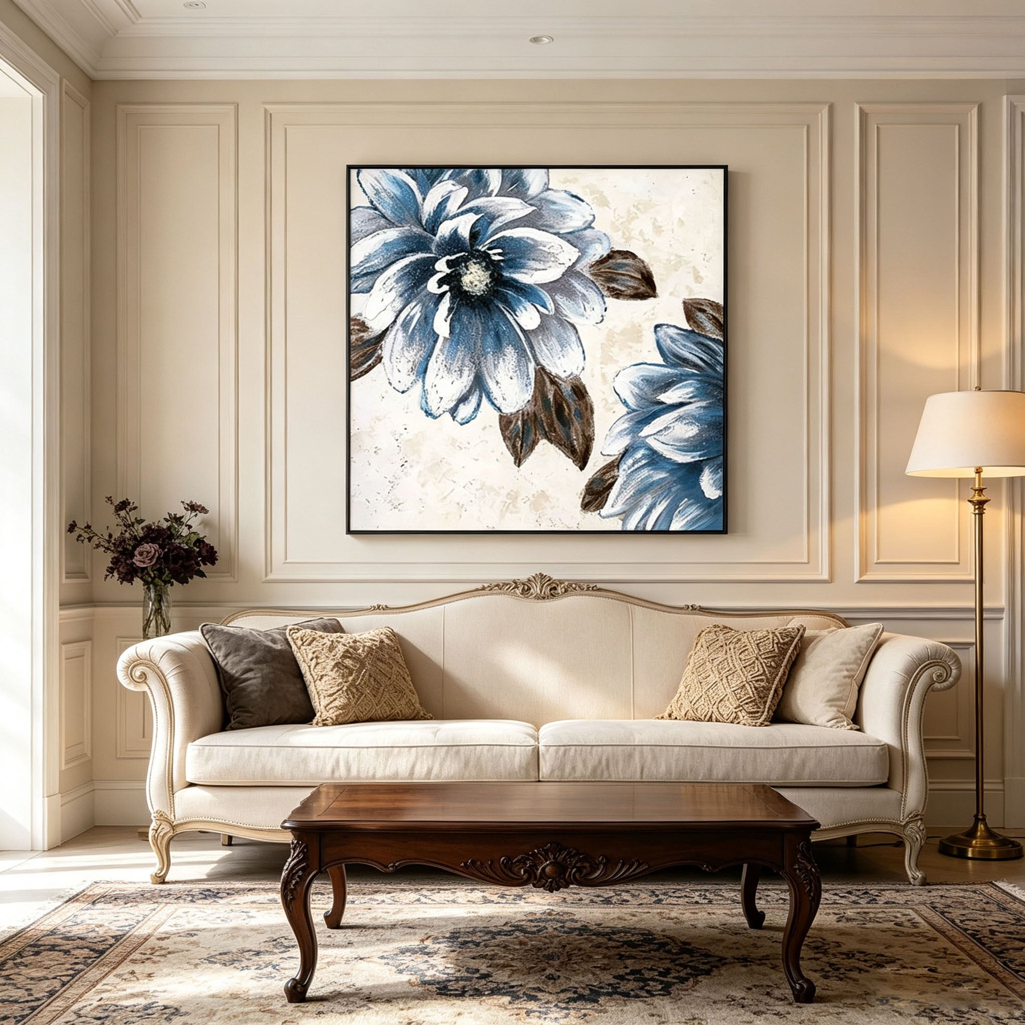 Textured Blue White Flower Oil Painting, Vintage Floral Impasto Canvas Wall Art, Neutral Botanical Entrance Decor