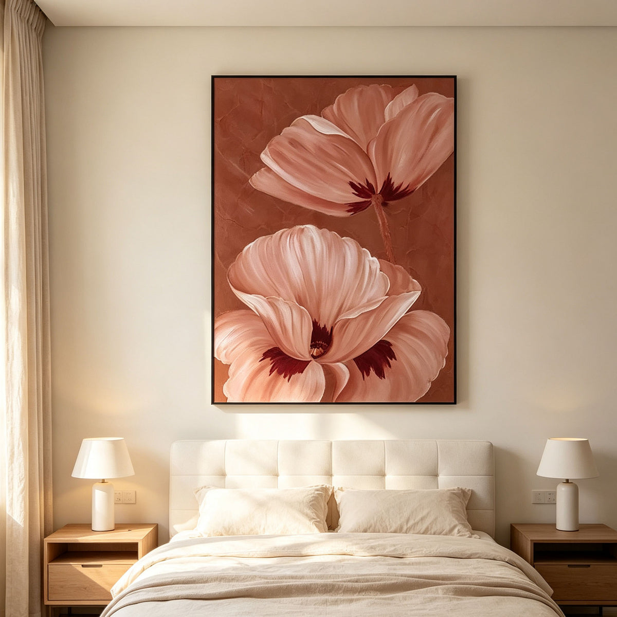 Warm Terracotta Poppy Flower Canvas Wall Art, Textured Floral Painting for Bedroom Living Room Home Decor