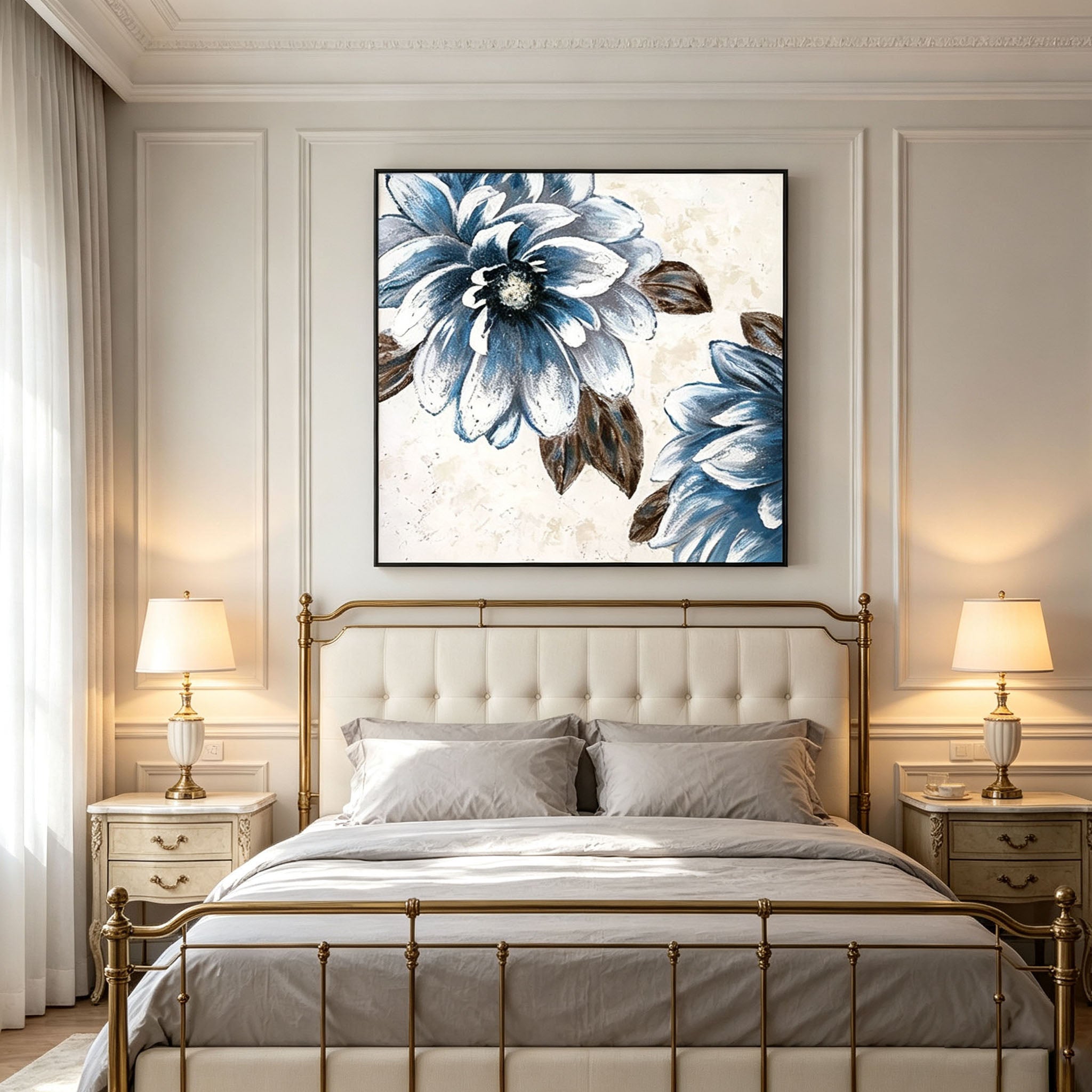 Textured Blue White Flower Oil Painting, Vintage Floral Impasto Canvas Wall Art, Neutral Botanical Entrance Decor