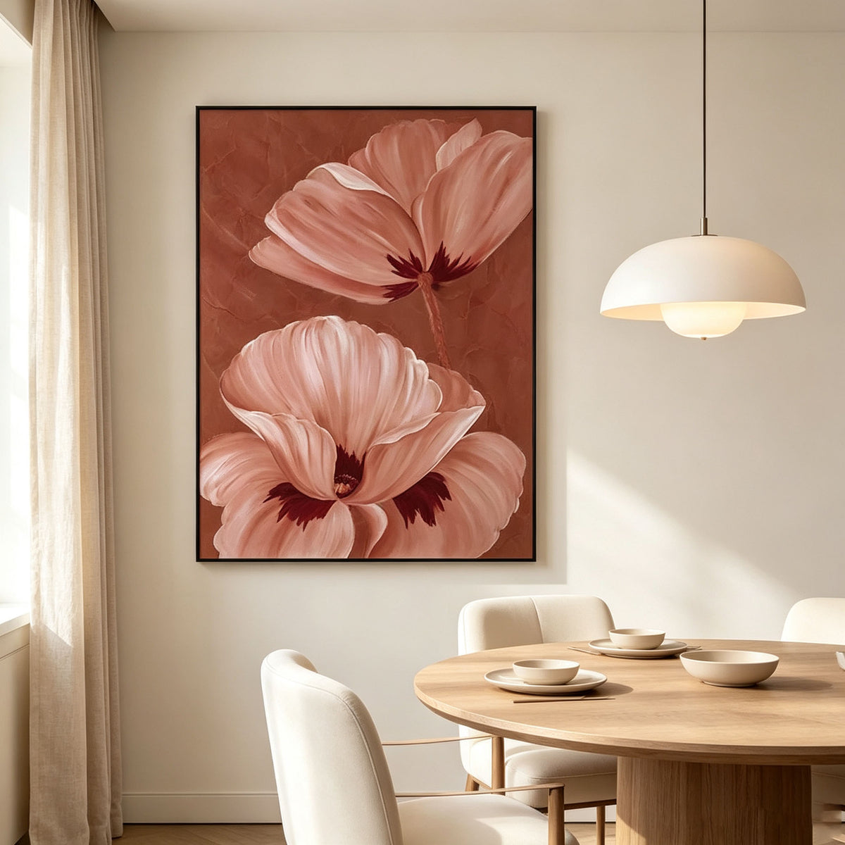 Warm Terracotta Poppy Flower Canvas Wall Art, Textured Floral Painting for Bedroom Living Room Home Decor