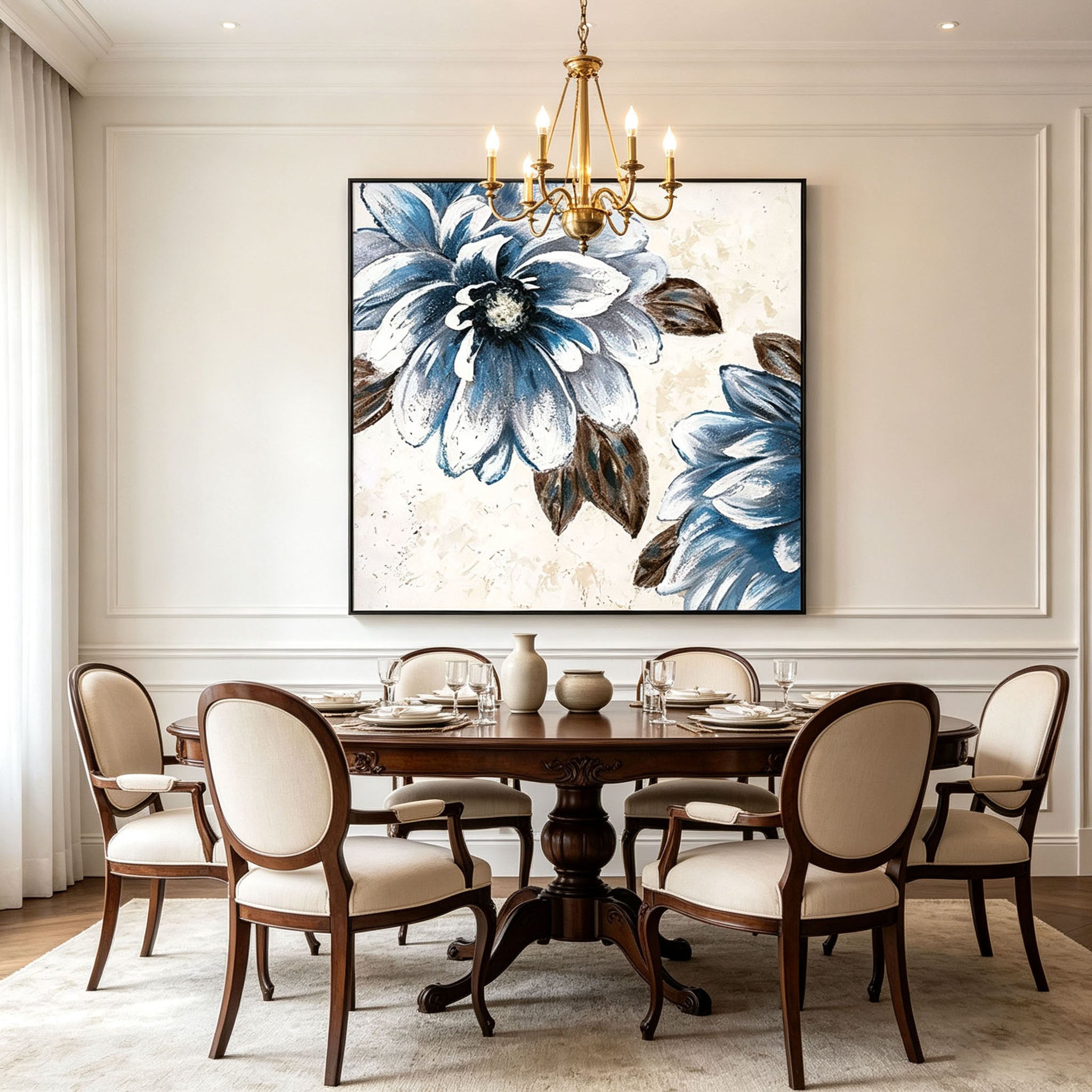 Textured Blue White Flower Oil Painting, Vintage Floral Impasto Canvas Wall Art, Neutral Botanical Entrance Decor