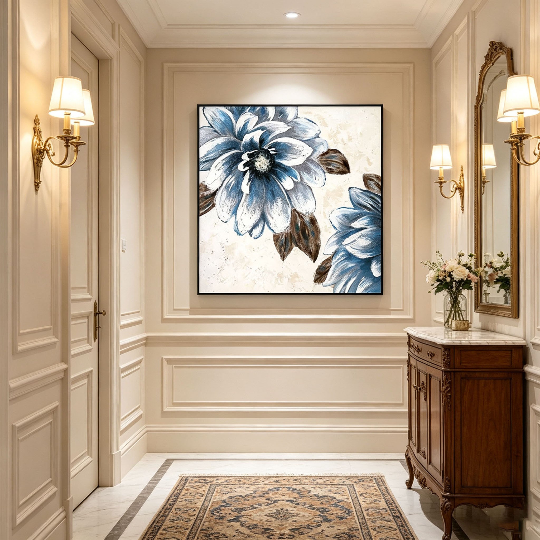 Textured Blue White Flower Oil Painting, Vintage Floral Impasto Canvas Wall Art, Neutral Botanical Entrance Decor