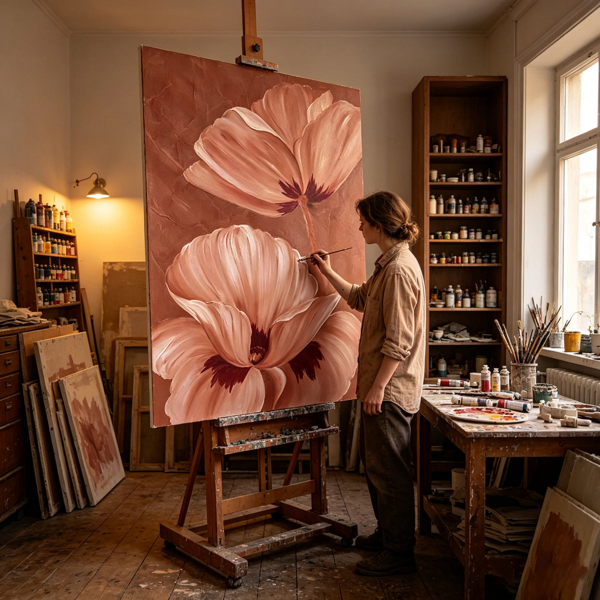 Warm Terracotta Poppy Flower Canvas Wall Art, Textured Floral Painting for Bedroom Living Room Home Decor