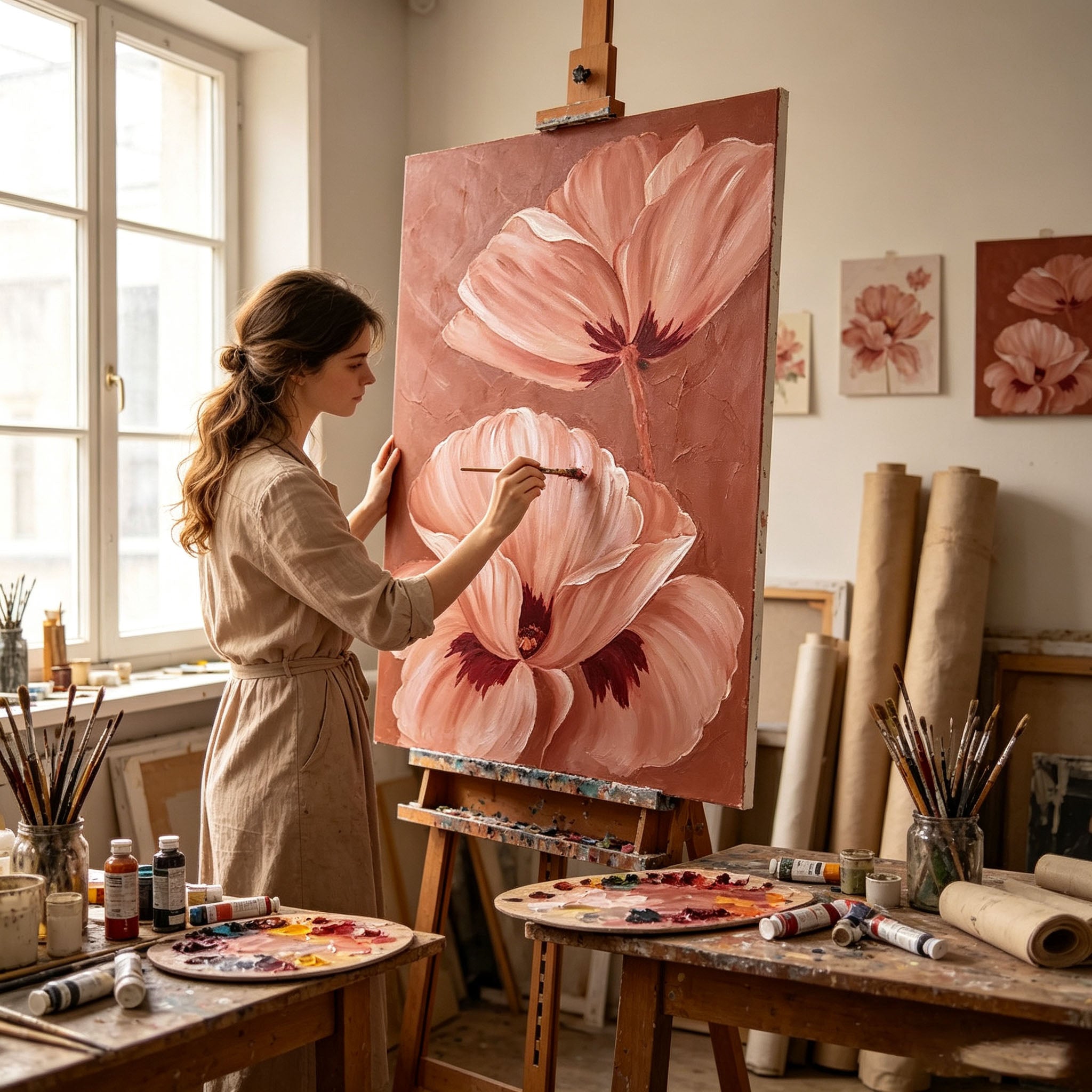 Warm Terracotta Poppy Flower Canvas Wall Art, Textured Floral Painting for Bedroom Living Room Home Decor