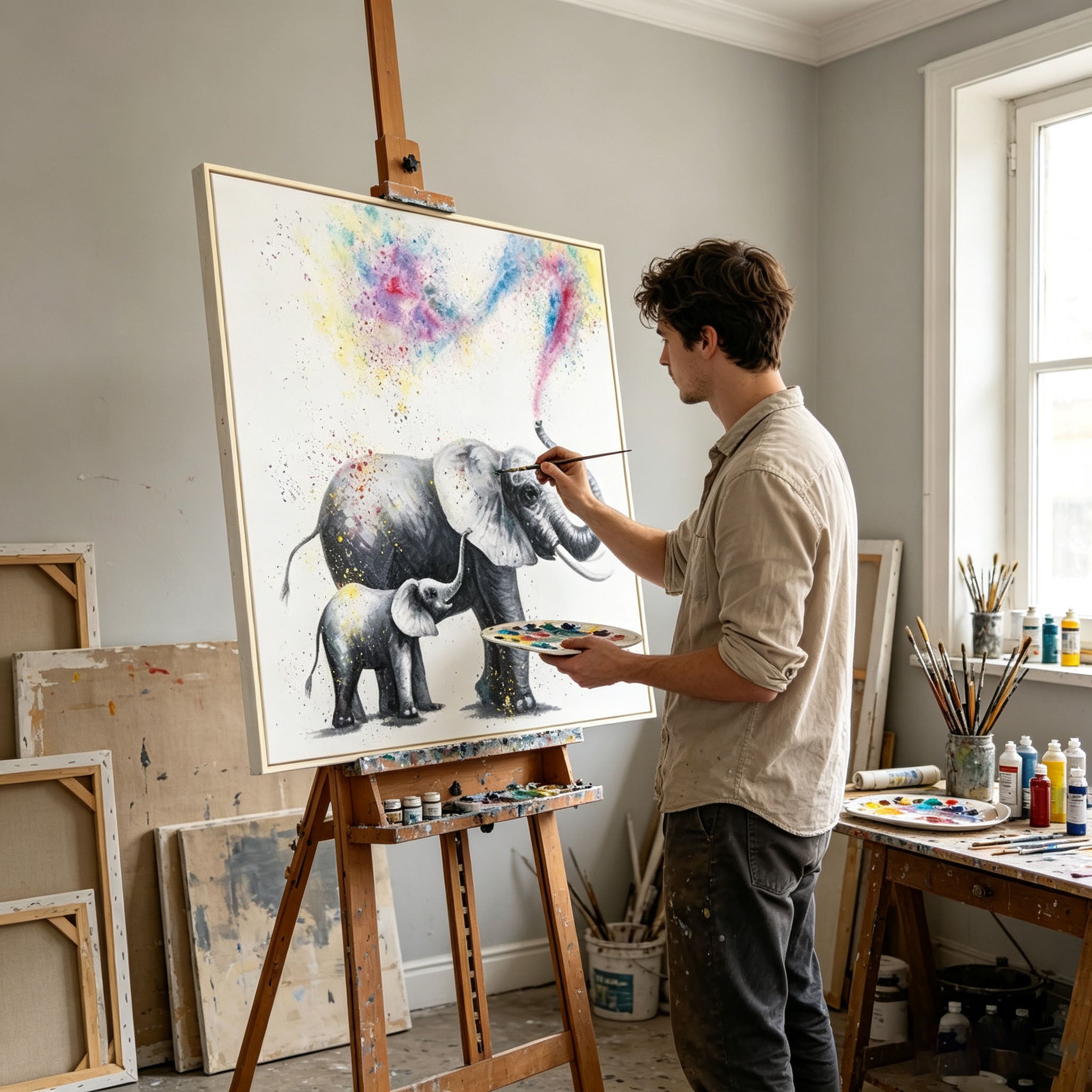 Mother and Baby Elephant Oil Painting, Colorful Splash Animal Canvas Wall Art, Modern Family Wildlife Decor