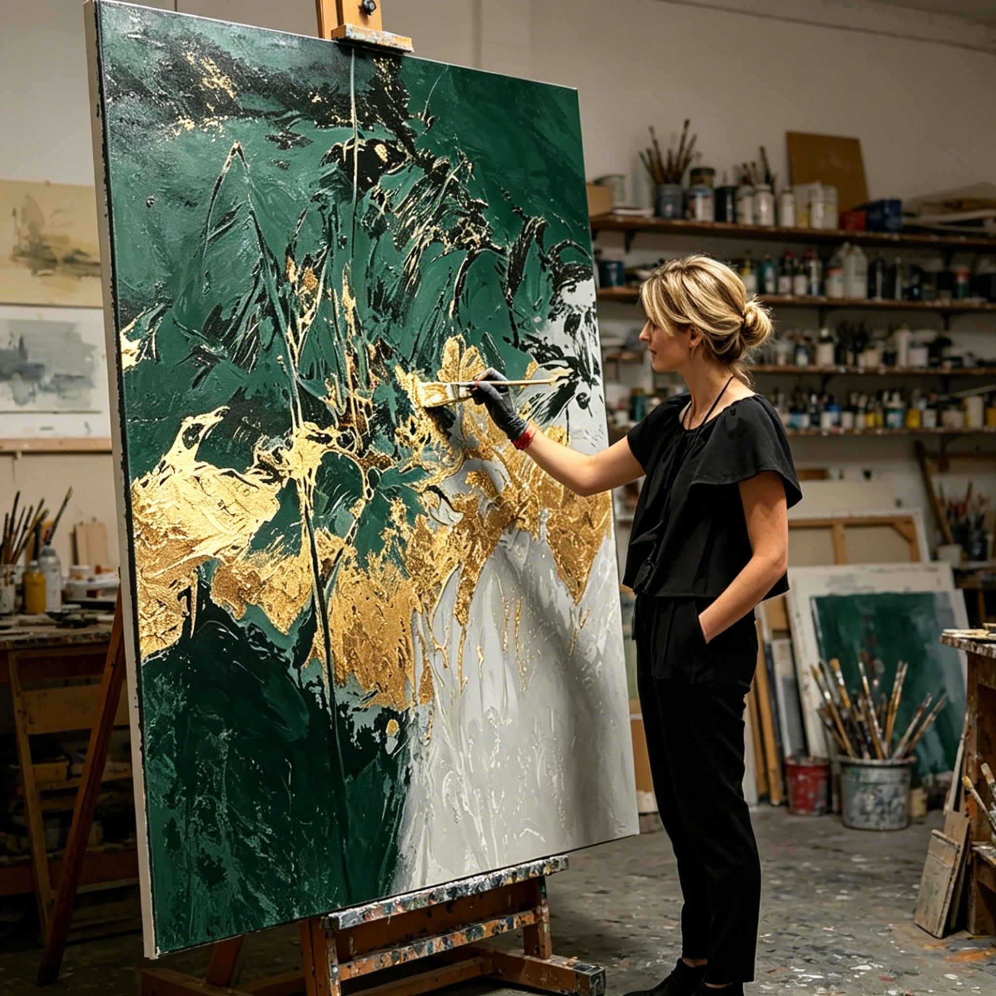 Hand-Painted "Verdant Eclat" Oil Painting – Textured Abstract Statement Canvas for Modern Luxury