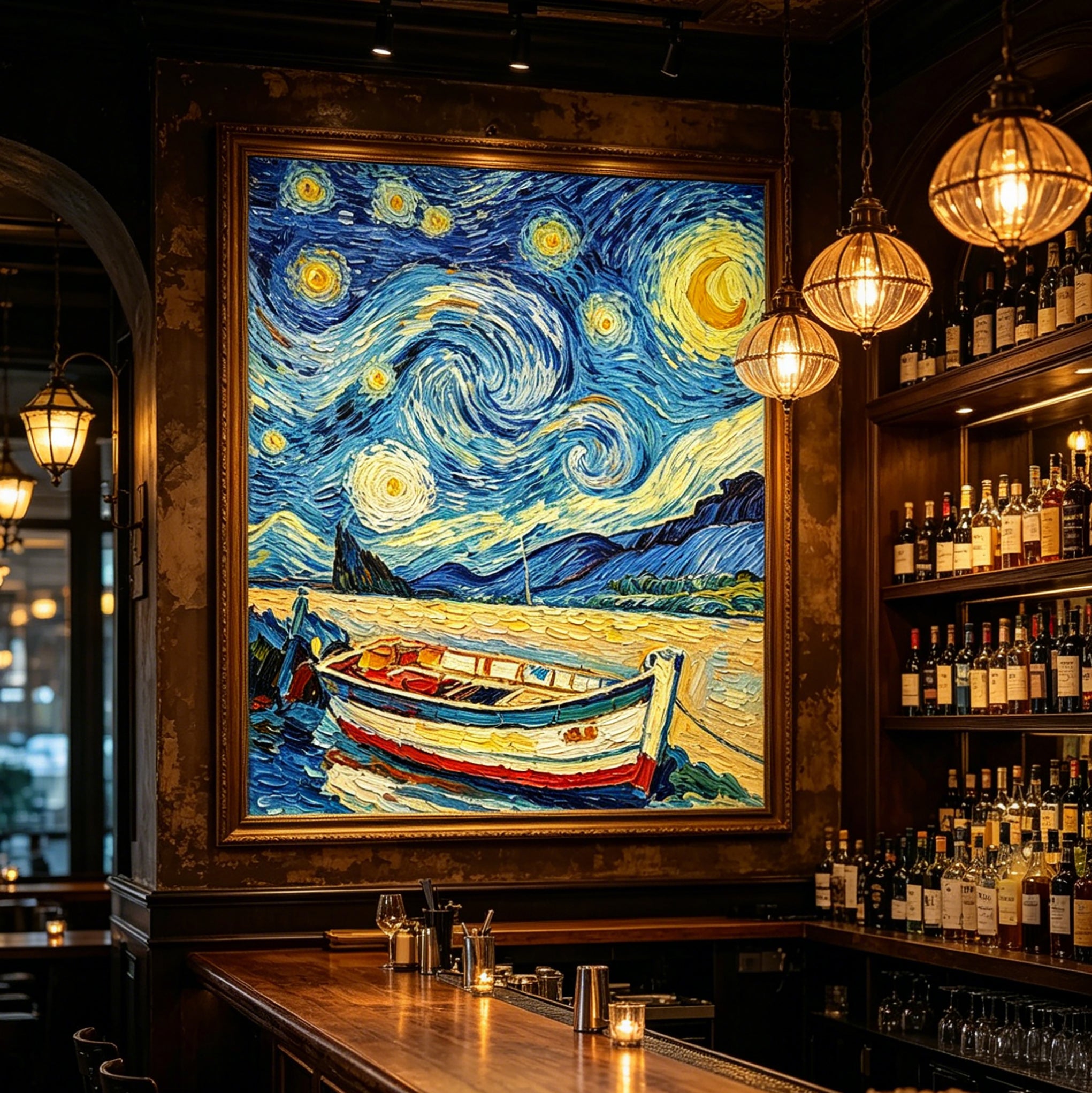 Stretched Hand-Painted "Starry Night Harbor" Oil Painting – Van Gogh-Inspired Impressionist Statement Canvas