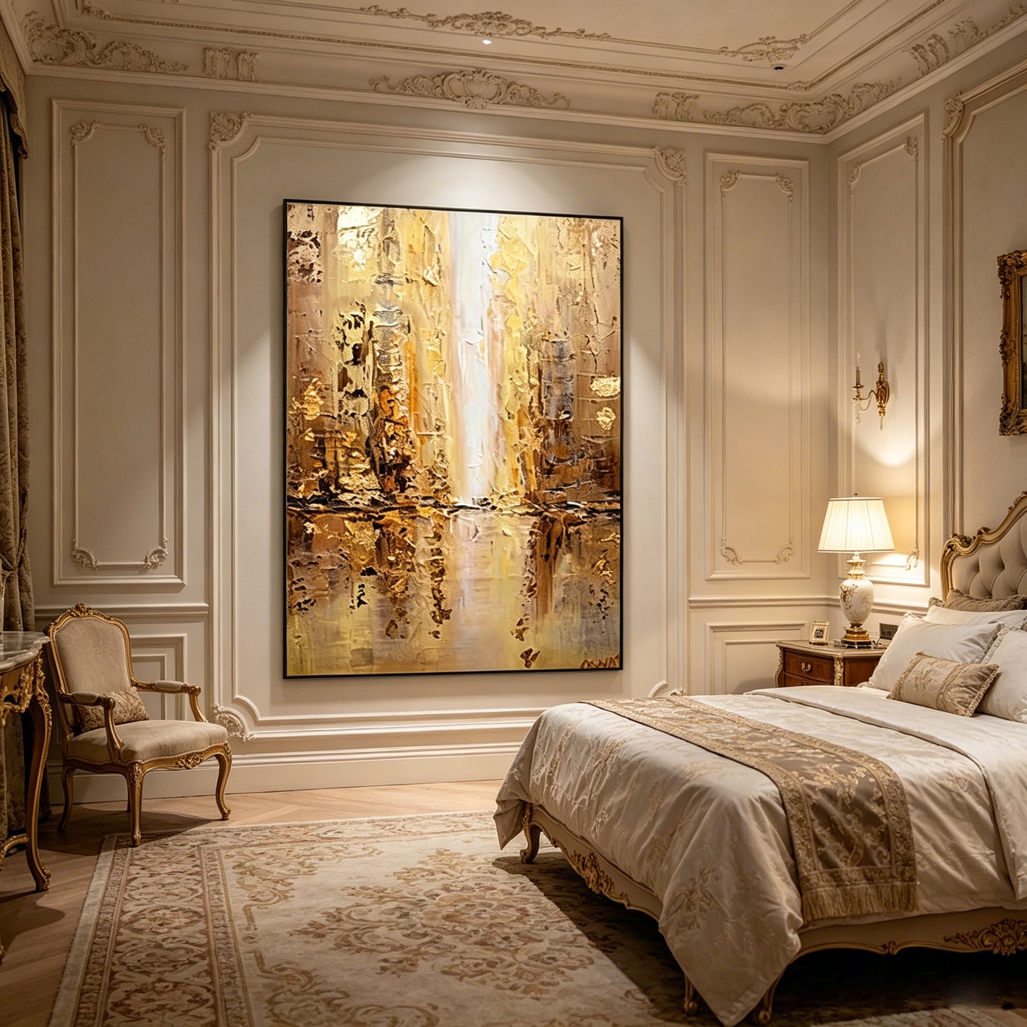Golden Abstract Cityscape Impasto Oil Painting, Textured Palette Knife Urban Canvas Wall Art, Neutral Gold Tone Modern City Reflection Decor