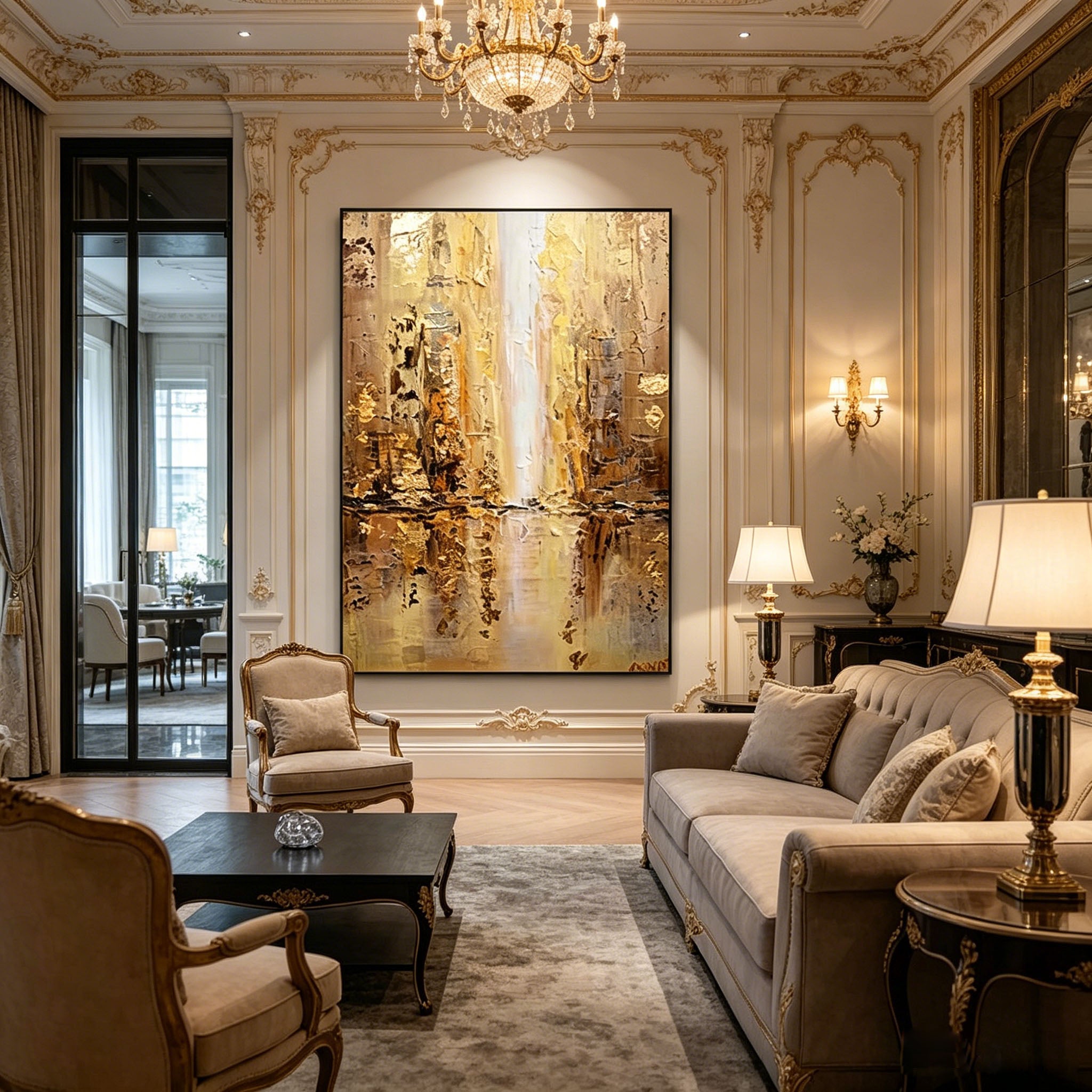 Golden Abstract Cityscape Impasto Oil Painting, Textured Palette Knife Urban Canvas Wall Art, Neutral Gold Tone Modern City Reflection Decor