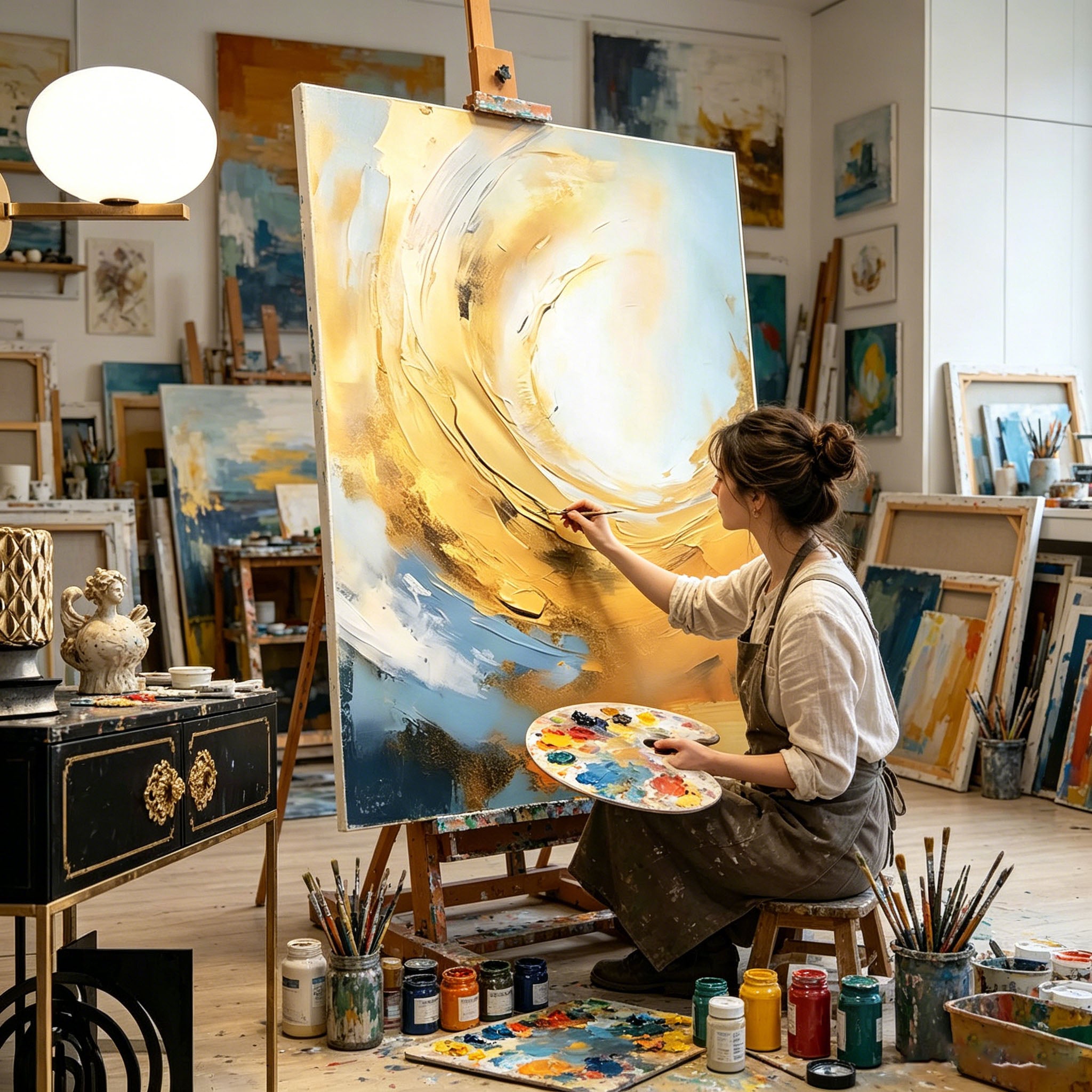 Hand‑Painted Thick Texture Abstract Oil Painting, Gold & Blue Swirl Wall Art for Home Decor