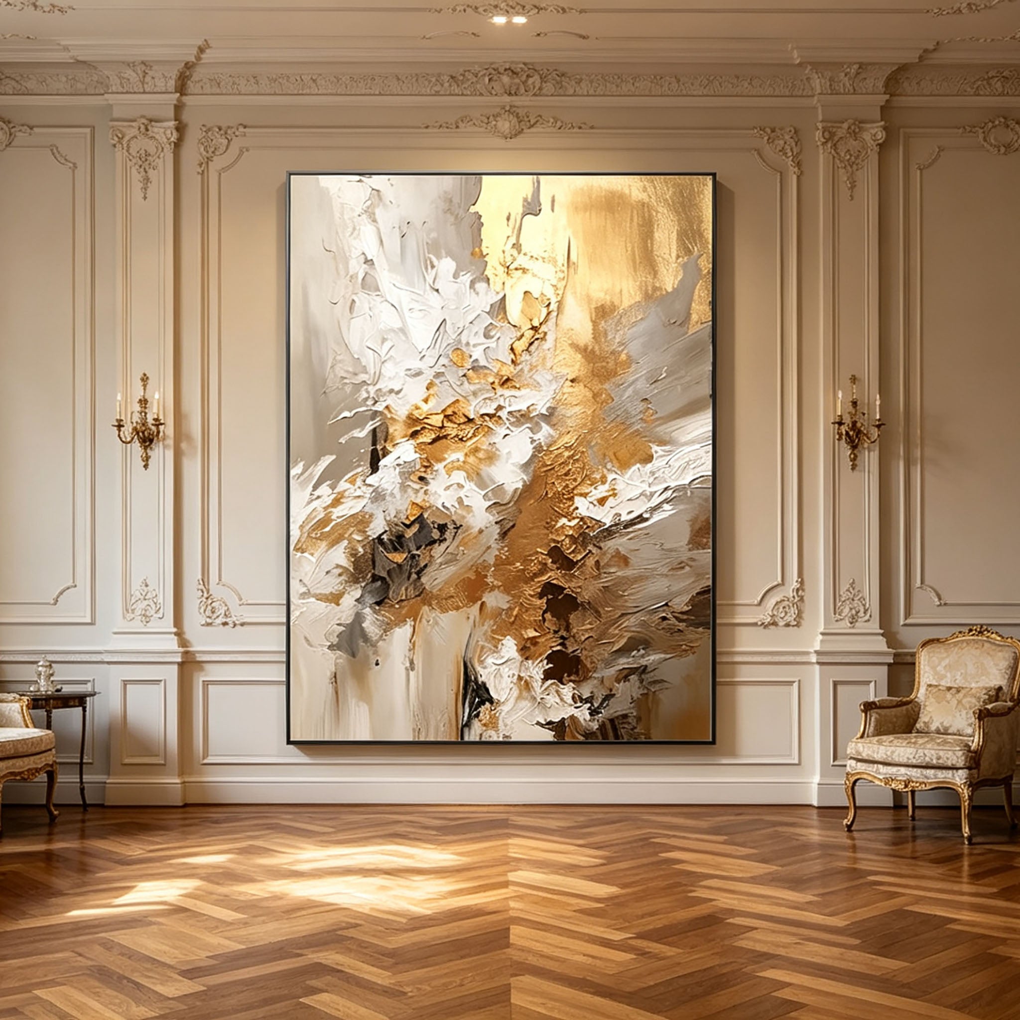 Hand‑Painted Thick Impasto Abstract Oil Painting, Gold Beige White Textured Wall Art for Luxury Home