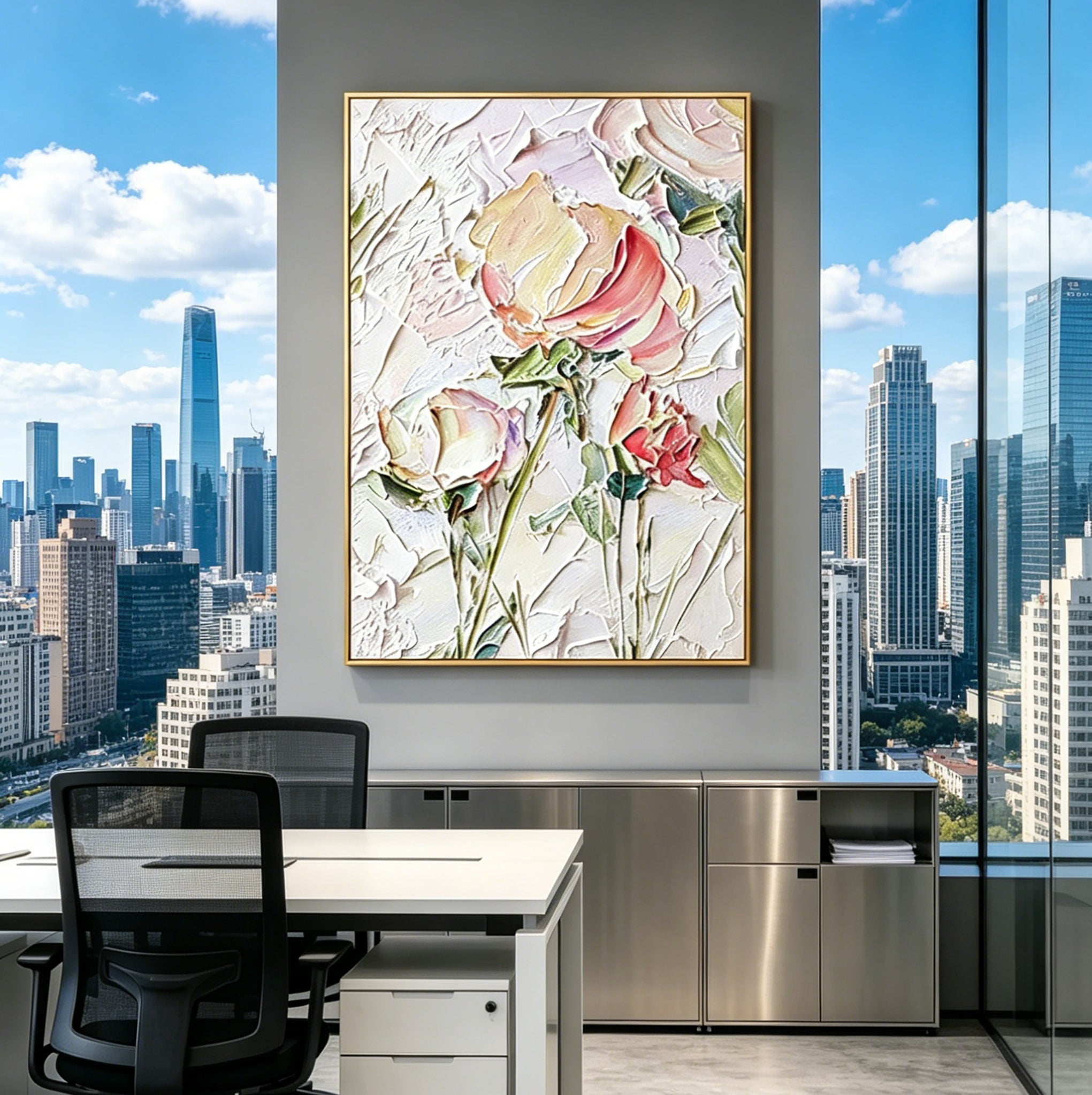 Hand-Painted "Petal Whisper" Oil Painting – Textured Floral Statement Canvas for Serene Interiors