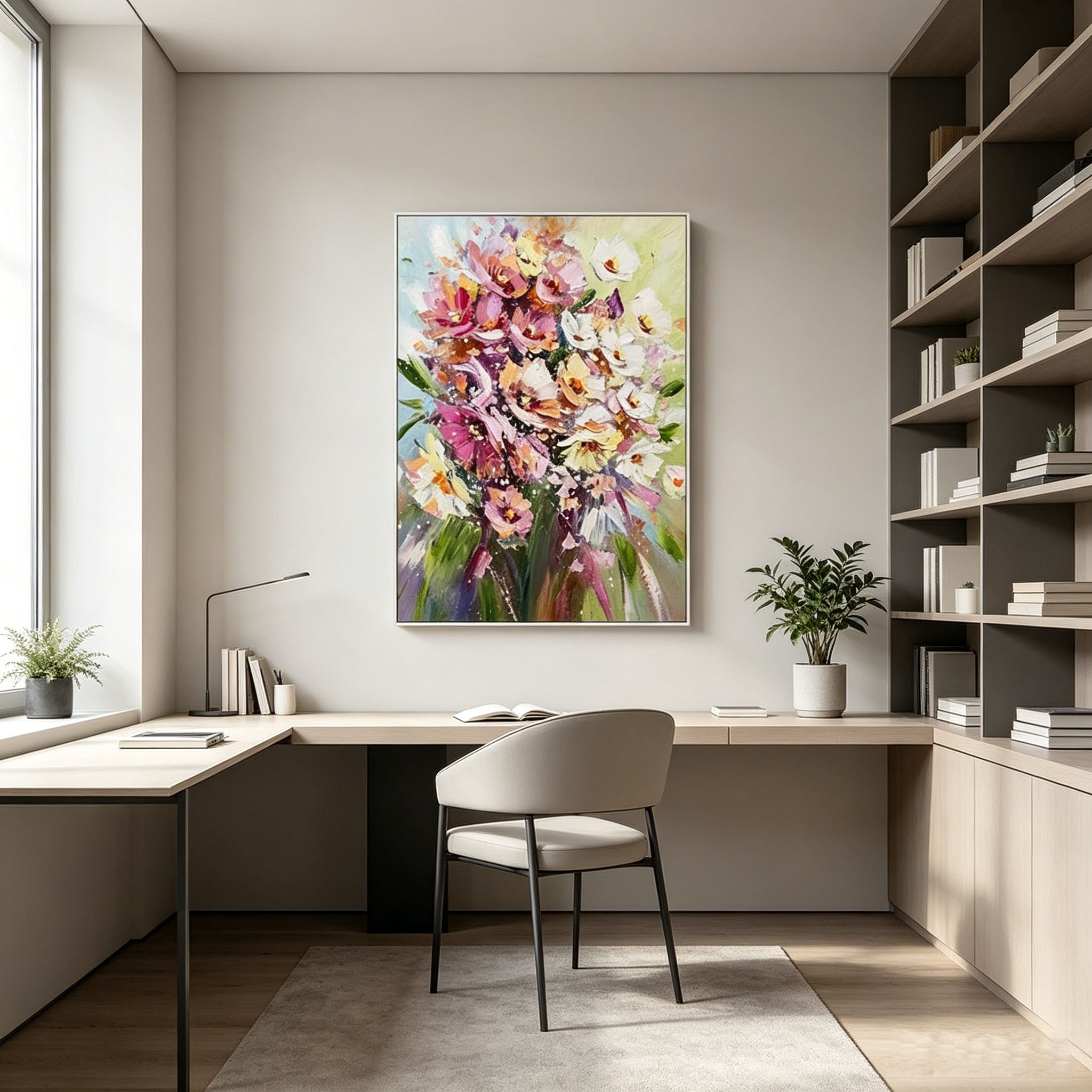 Vibrant Bouquet Floral Impasto Oil Painting, Textured Palette Knife Colorful Flower Canvas Wall Art, Romantic Botanical Decor