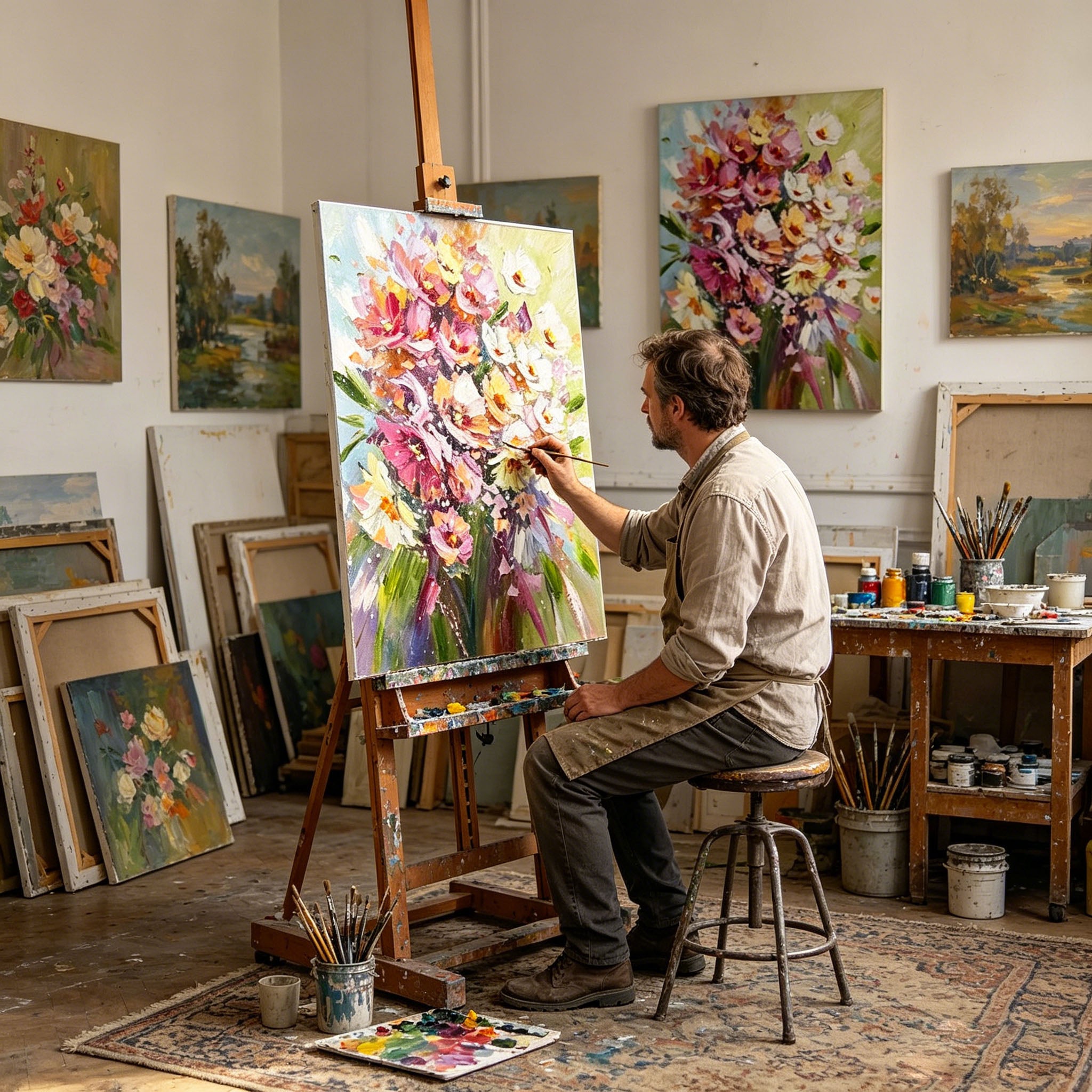 Vibrant Bouquet Floral Impasto Oil Painting, Textured Palette Knife Colorful Flower Canvas Wall Art, Romantic Botanical Decor