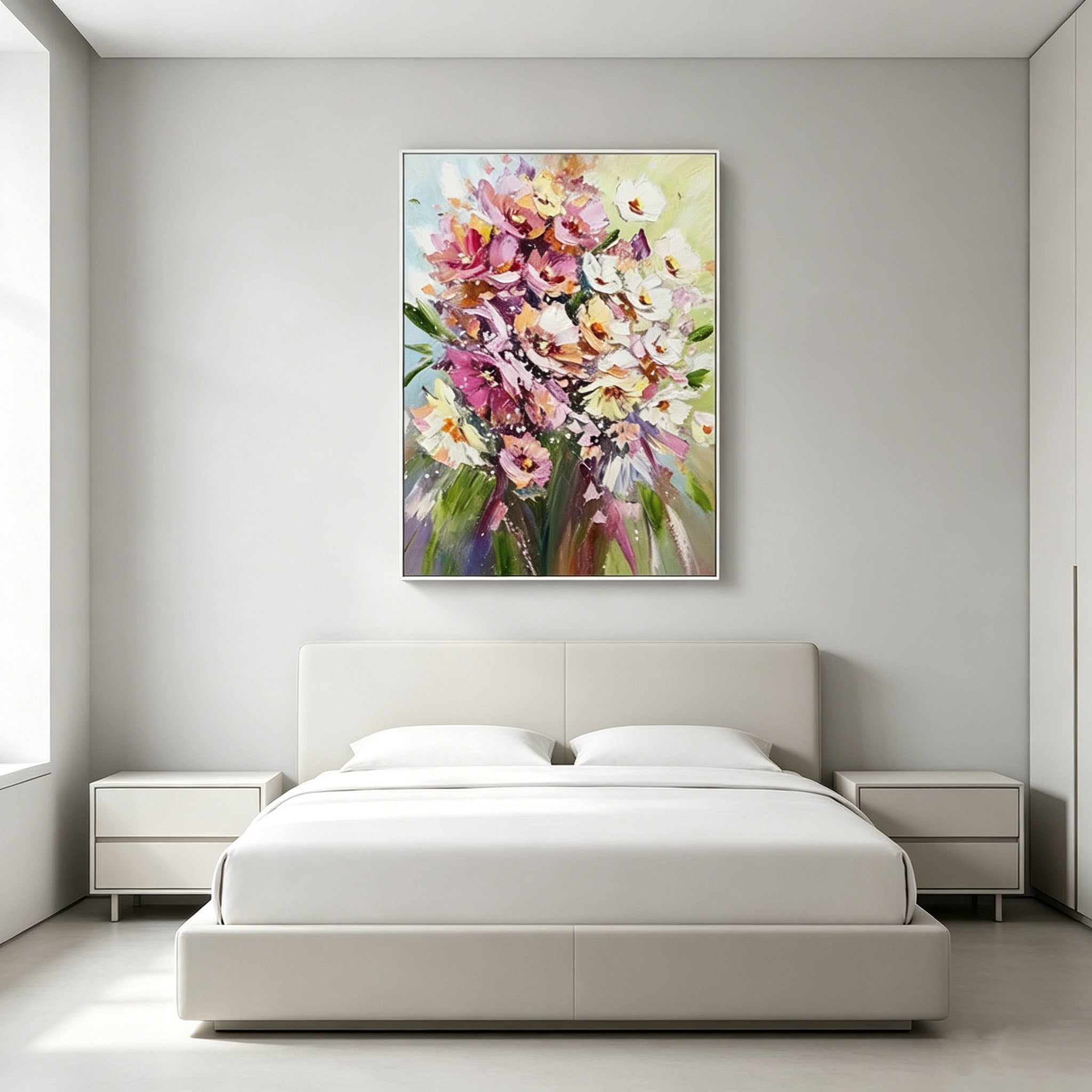 Vibrant Bouquet Floral Impasto Oil Painting, Textured Palette Knife Colorful Flower Canvas Wall Art, Romantic Botanical Decor