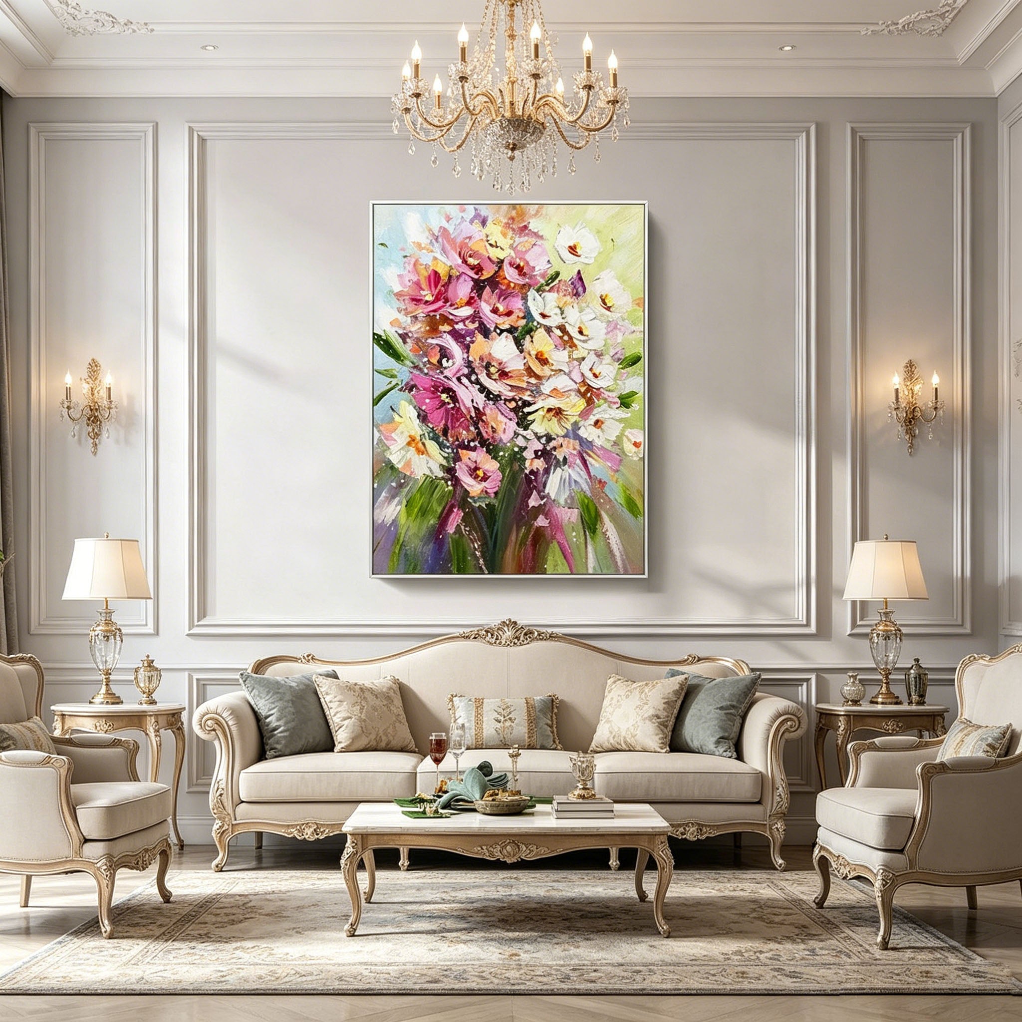 Vibrant Bouquet Floral Impasto Oil Painting, Textured Palette Knife Colorful Flower Canvas Wall Art, Romantic Botanical Decor