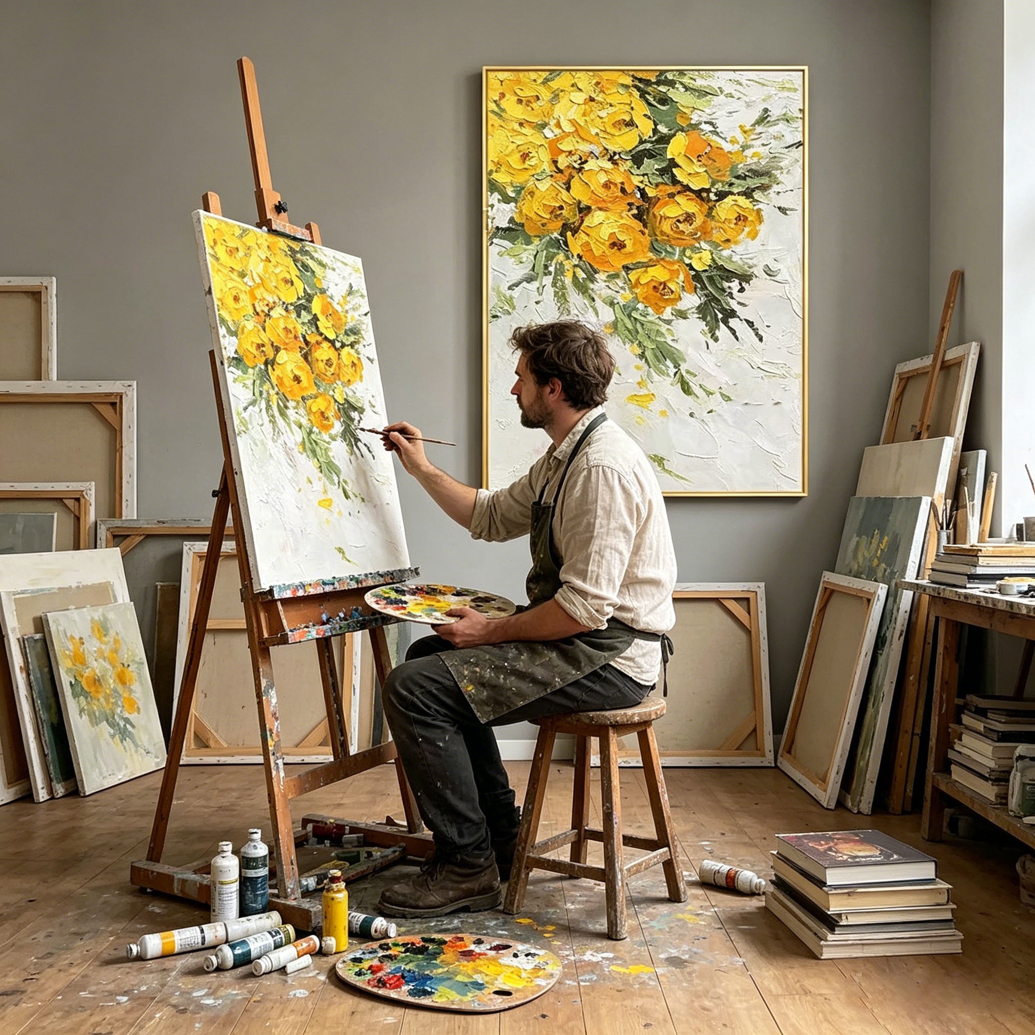 Thick Impasto Yellow Floral Bouquet Oil Painting, Textured Palette Knife Flower Canvas Wall Art, Vibrant Golden Botanical Decor
