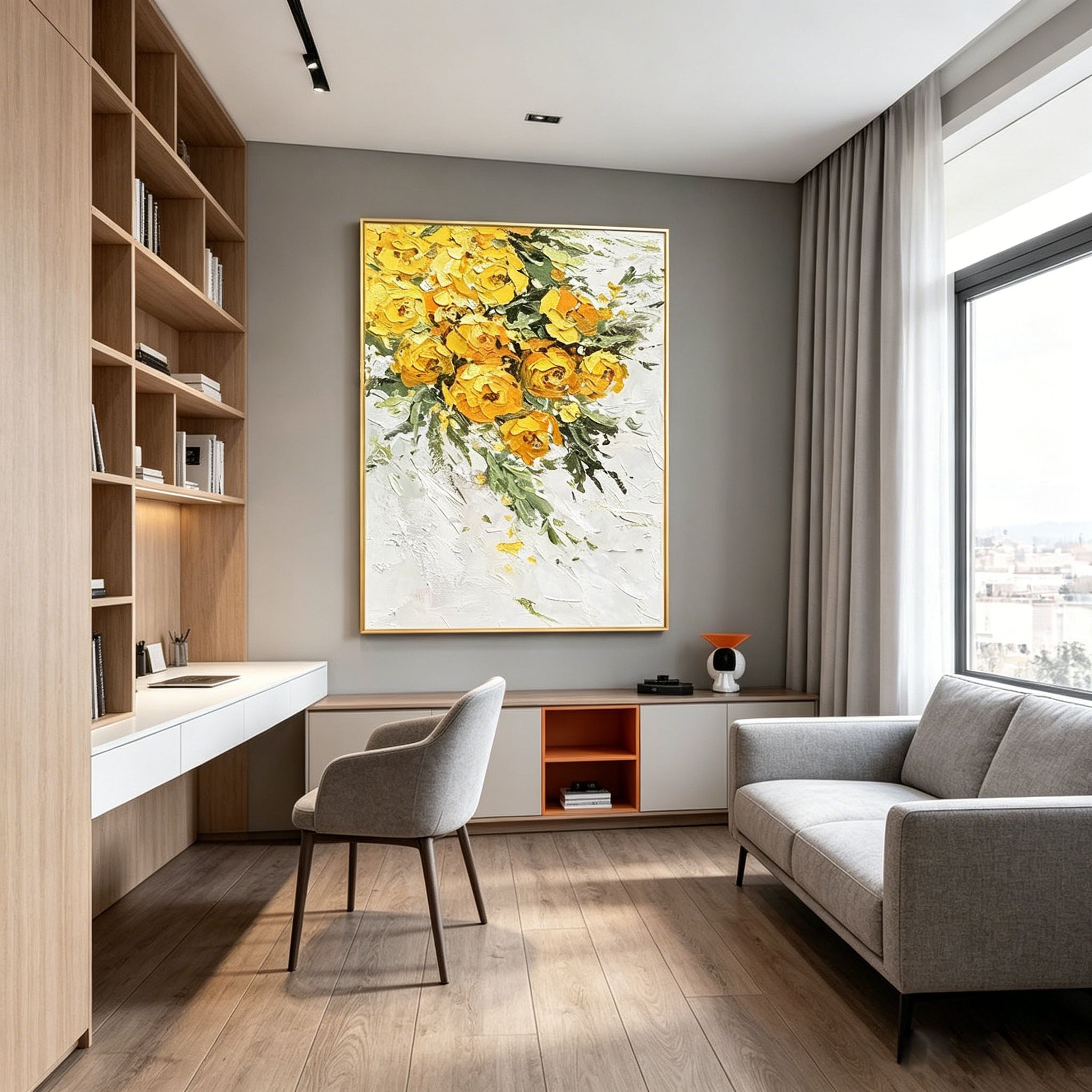 Thick Impasto Yellow Floral Bouquet Oil Painting, Textured Palette Knife Flower Canvas Wall Art, Vibrant Golden Botanical Decor