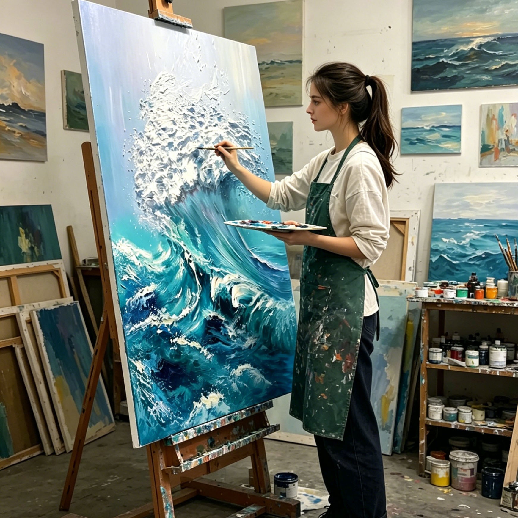 Thick Impasto Crashing Ocean Wave Oil Painting, Textured Palette Knife Seascape Canvas Wall Art, Turquoise Blue Sea Surf Decor