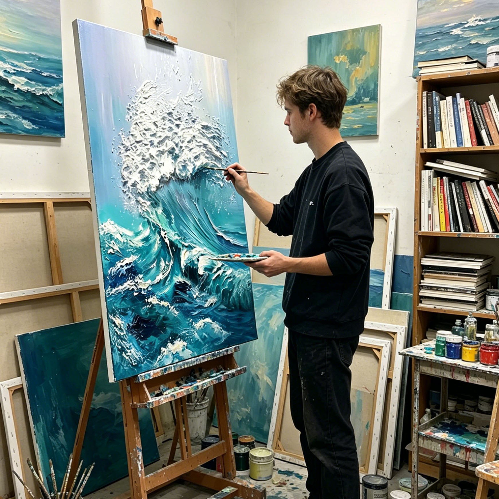 Thick Impasto Crashing Ocean Wave Oil Painting, Textured Palette Knife Seascape Canvas Wall Art, Turquoise Blue Sea Surf Decor